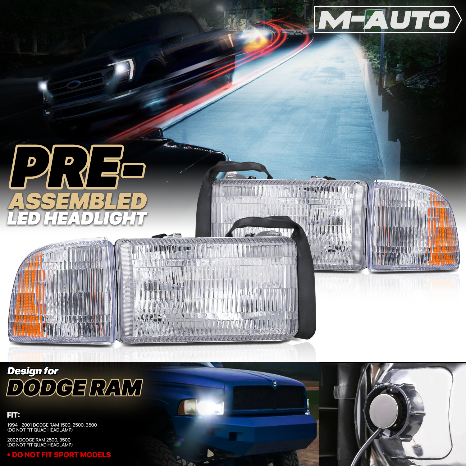 Factory Replacement Headlights w/LED Bulbs <br>94-02 Dodge Ram Truck