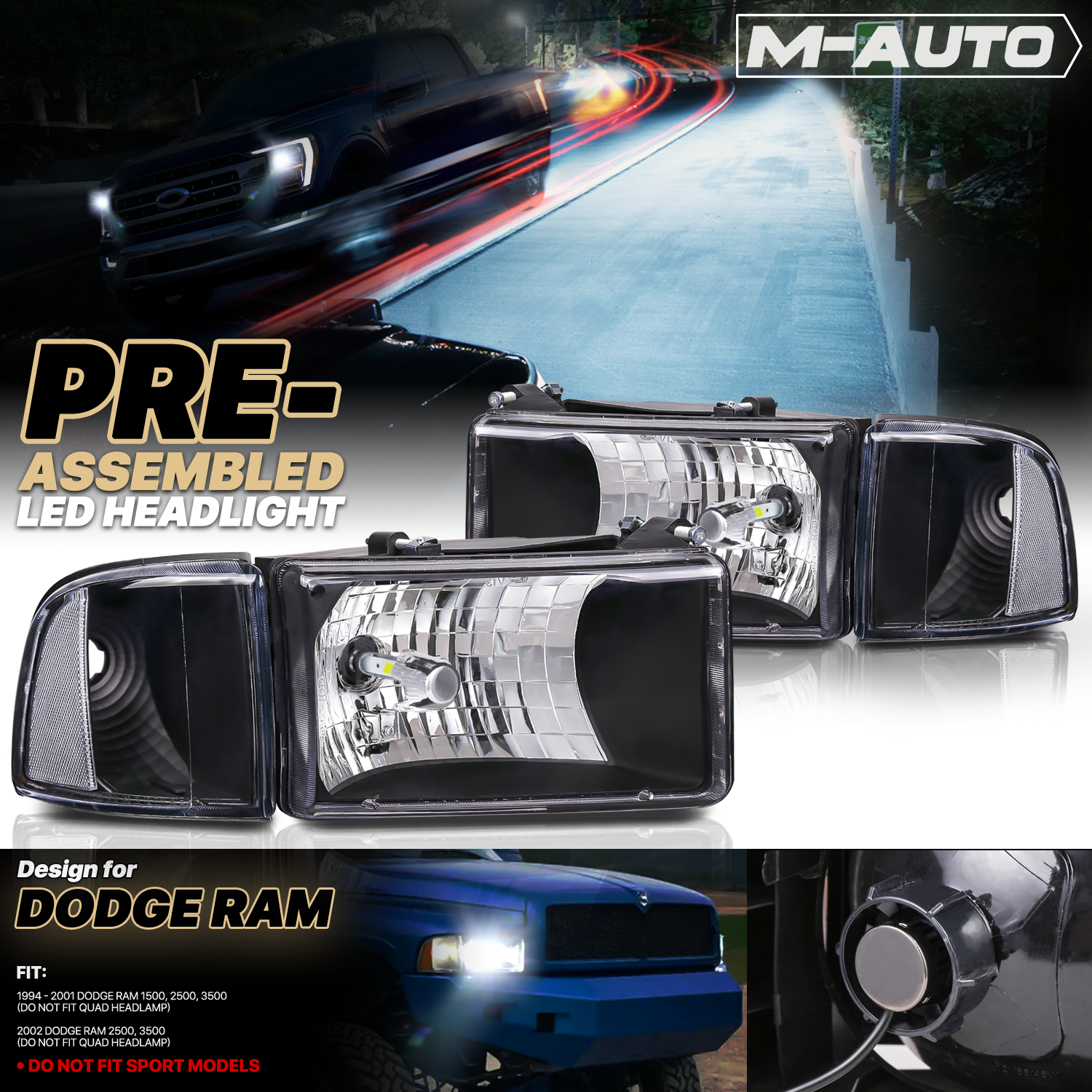 Pair Factory Style Headlights w/LED Bulbs (Black) <br>94-02 Dodge Ram Truck