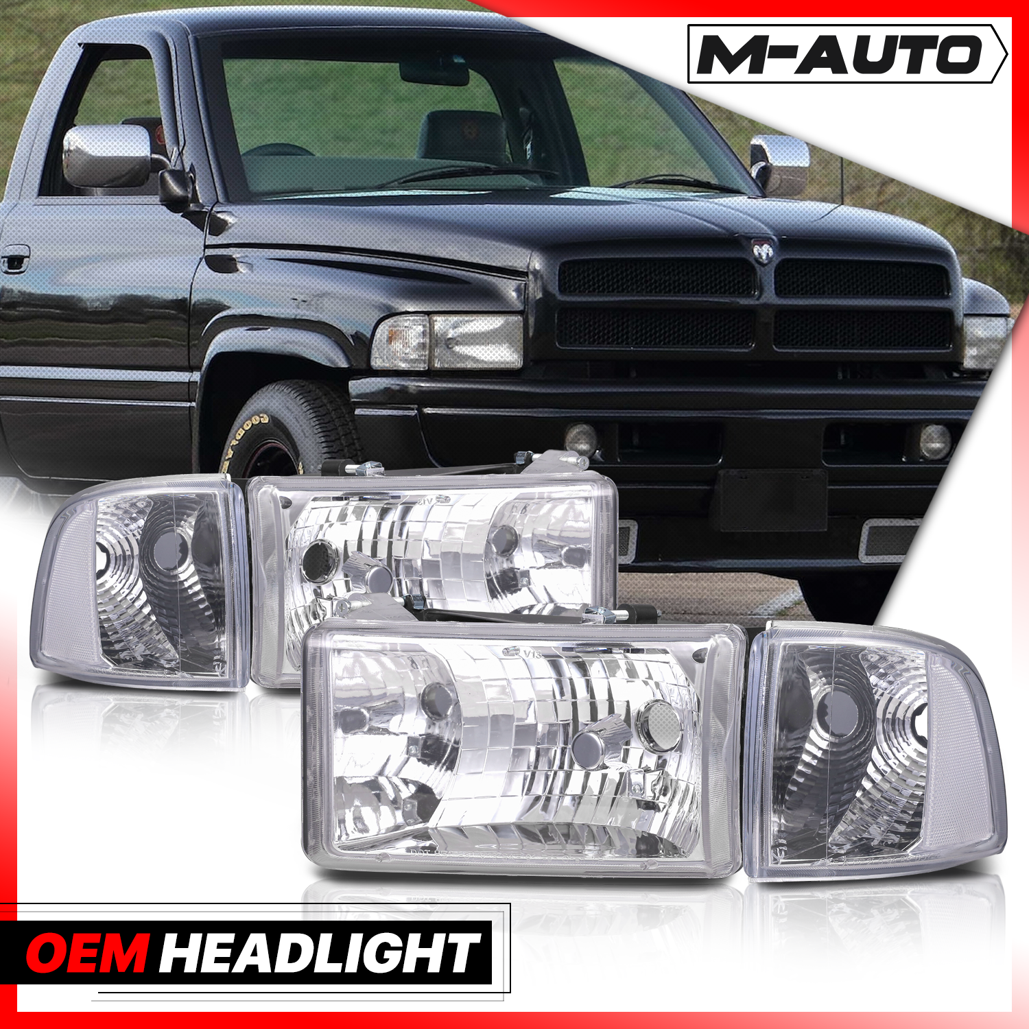 Pair Factory Style Headlights (Chrome) <br>94-02 Dodge Ram Truck