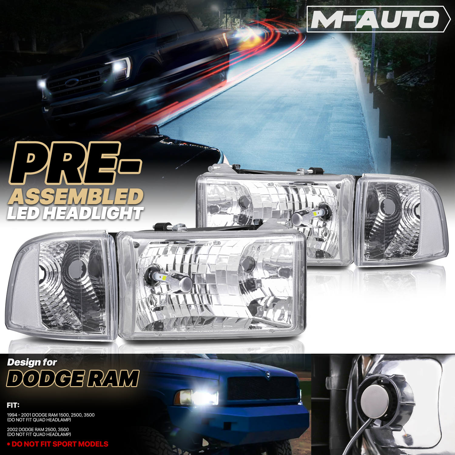 Pair Factory Style Headlights w/LED Bulbs (Chrome) <br>94-02 Dodge Ram Truck