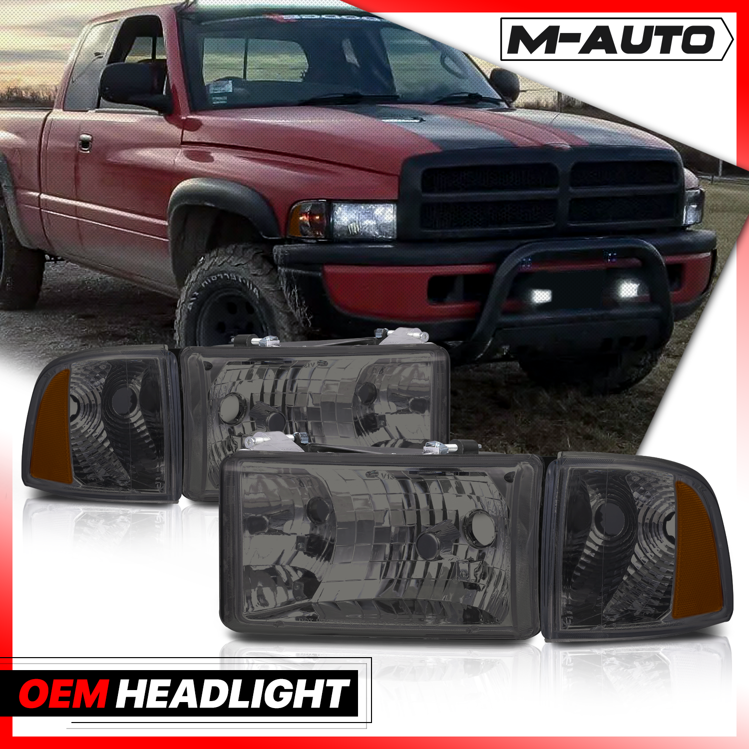 Pair Factory Style Headlights (Smoked) <br>94-02 Dodge Ram Truck