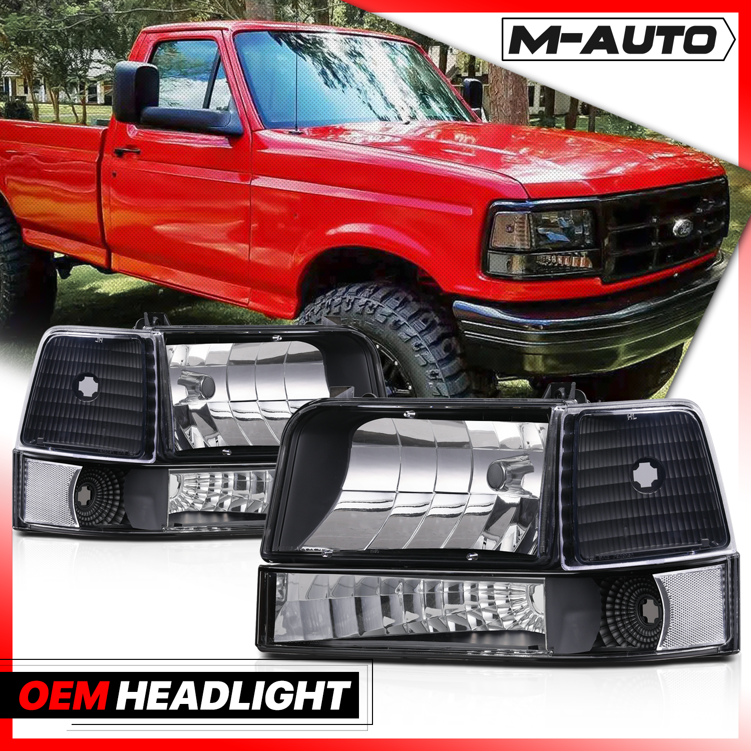 Factory Style Headlights (Black)<br>92-96 Ford F150 F250 Bronco