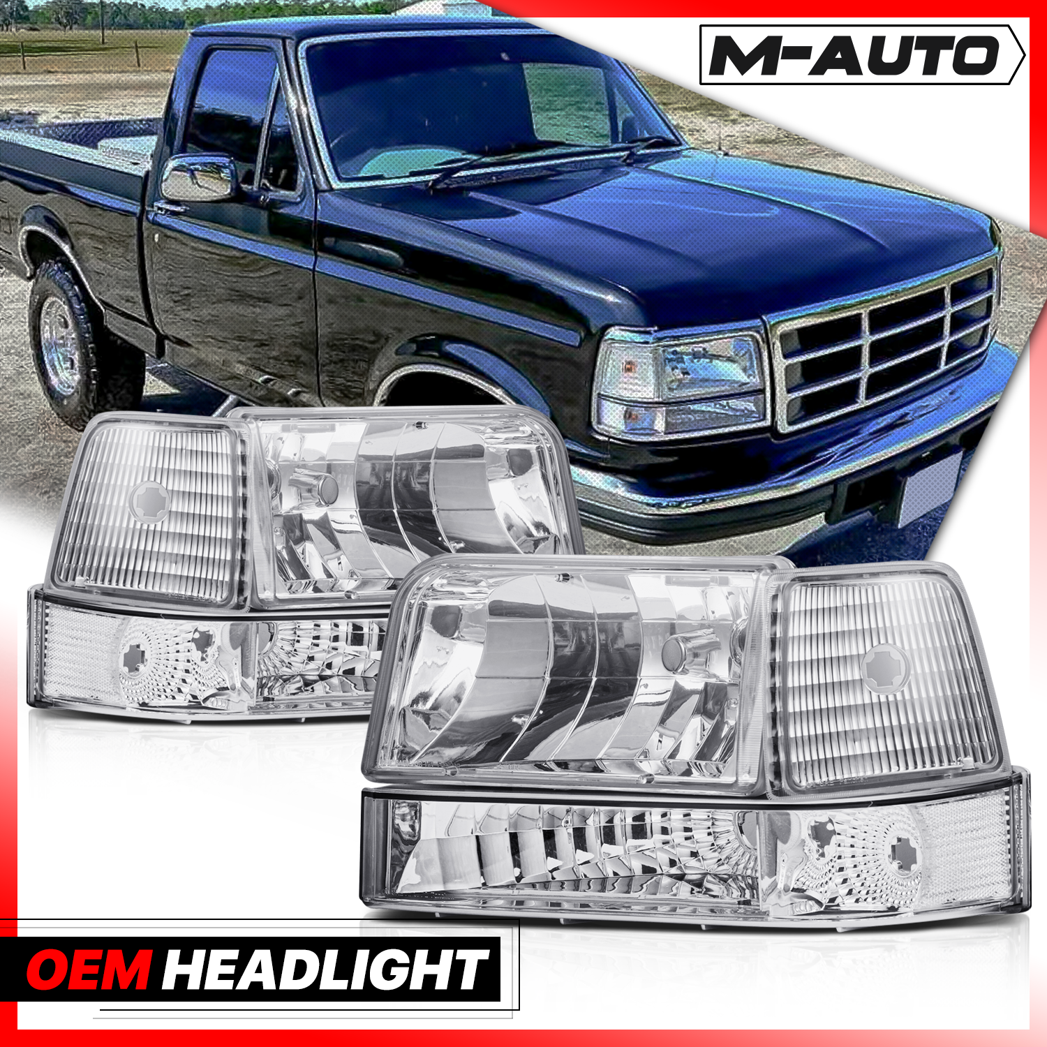 Factory Style Headlights (Chrome)<br>92-96 Ford F150 F250 Bronco