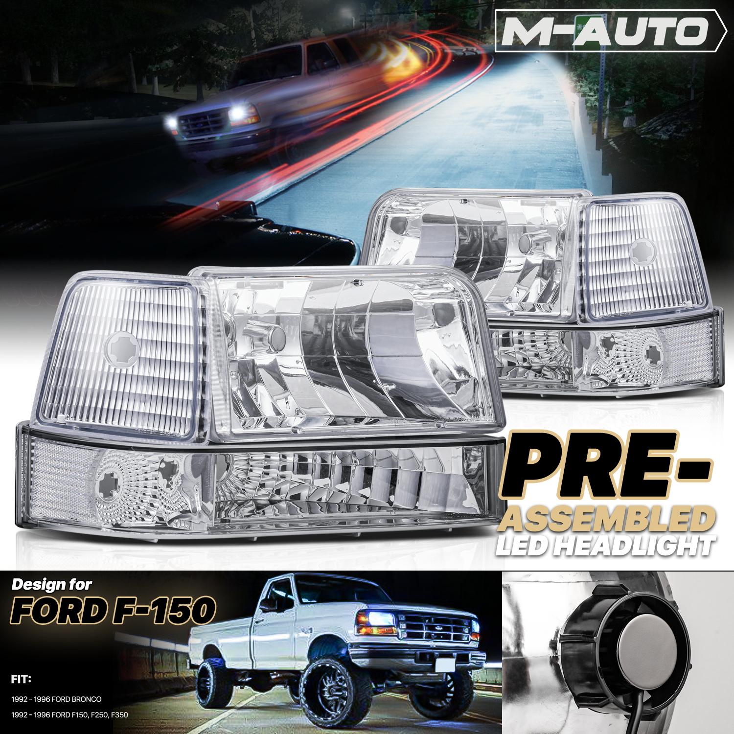 Factory Style Headlights w/LED Bulbs (Chrome)<br>92-96 Ford F150 F250 Bronco