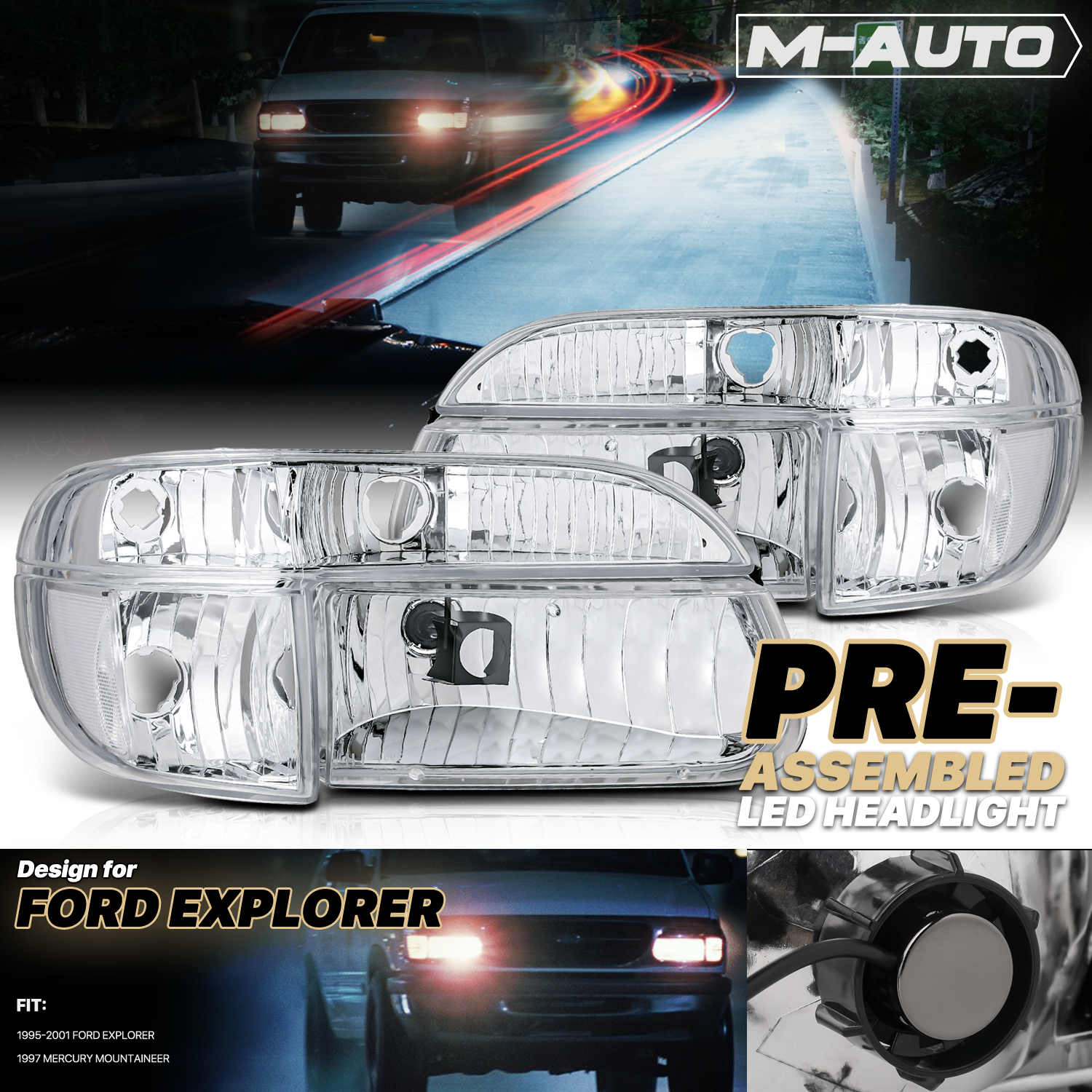 Factory Style Headlights w/LED Bulbs (Chrome)<br>95-01 Ford Explorer, 1997 Mountaineer