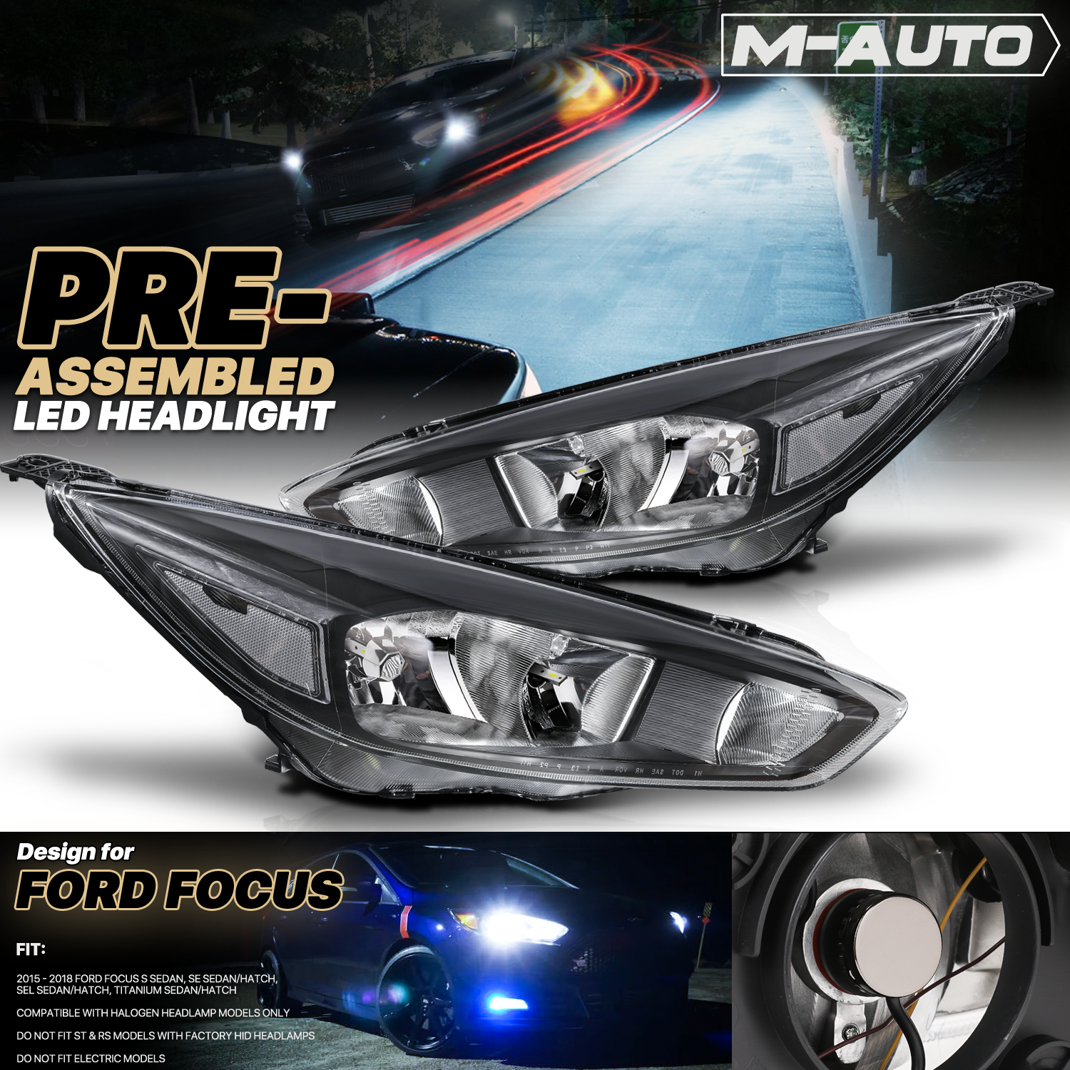 Factory Style Headlights w/LED Bulbs (Black)<br>15-18 Ford Focus S, SE, SEL, Titanium