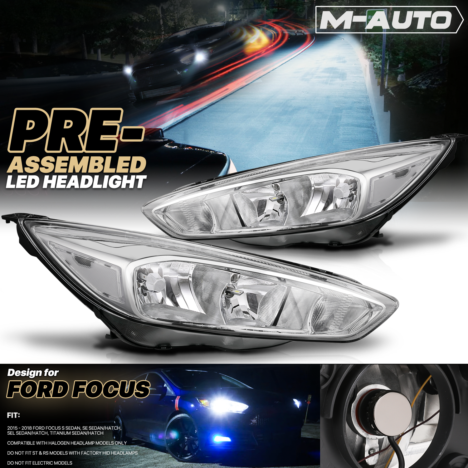 Factory Style Headlights w/LED Bulbs (Chrome)<br>15-18 Ford Focus S, SE, SEL, Titanium