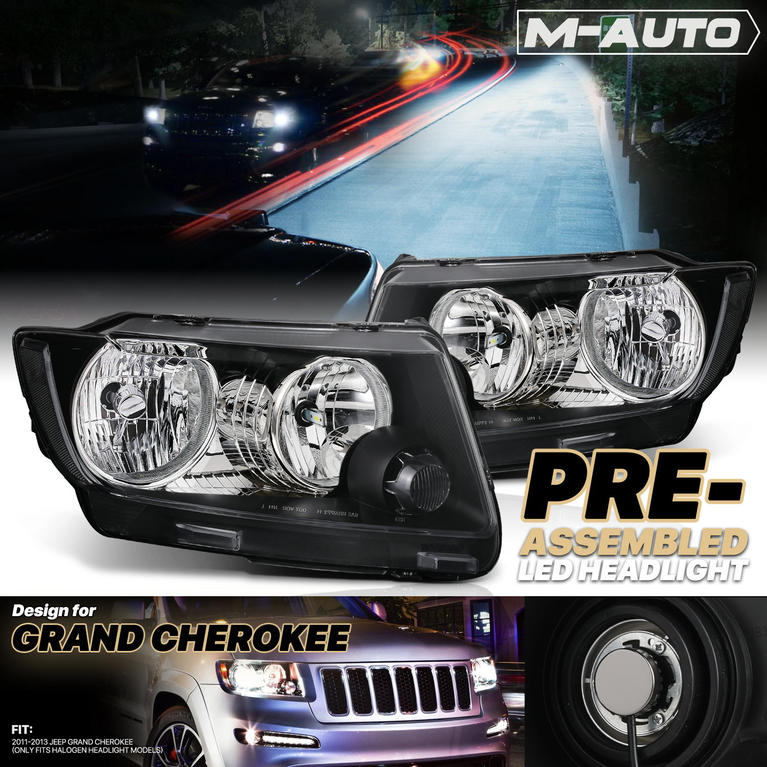 Factory Style Headlights w/LED Bulbs (Black)<br>11-13 Jeep Grand Cherokee