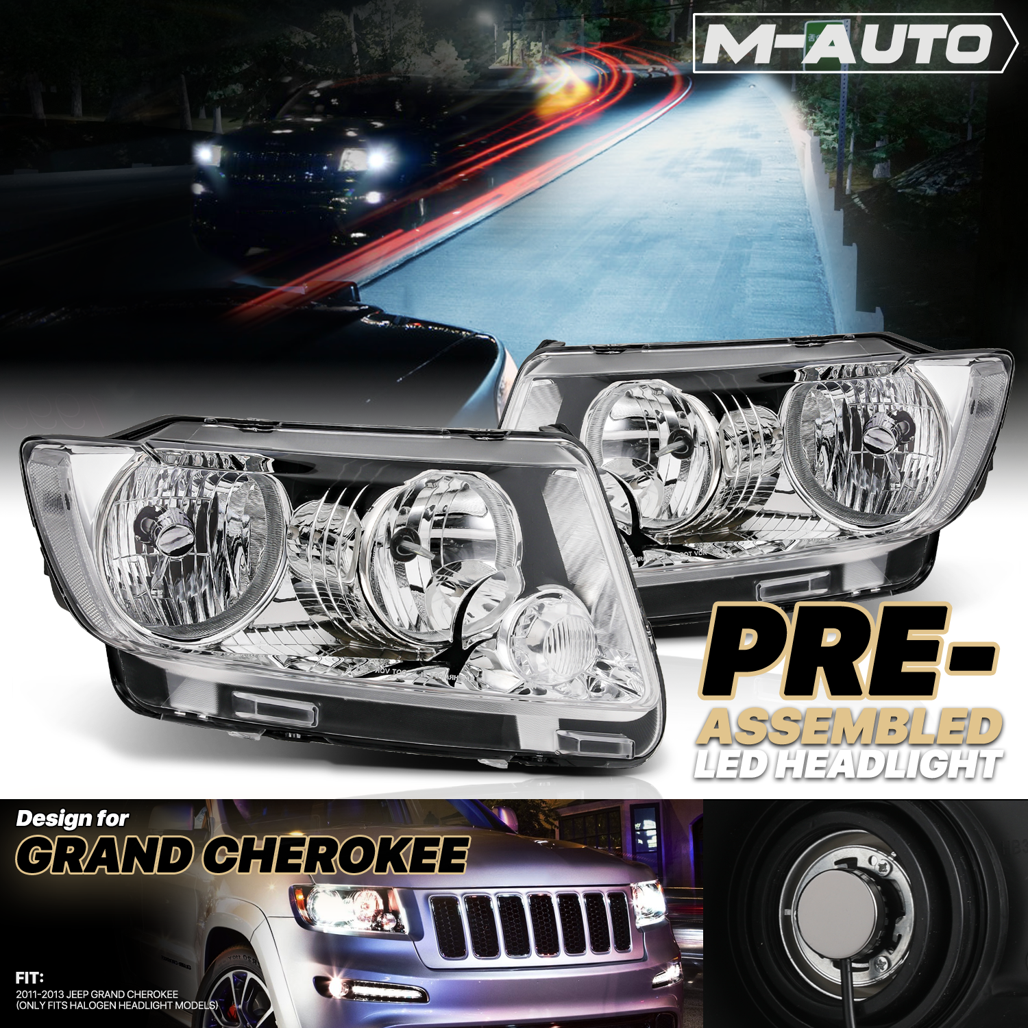 Factory Style Headlights w/LED Bulbs (Chrome)<br>11-13 Jeep Grand Cherokee