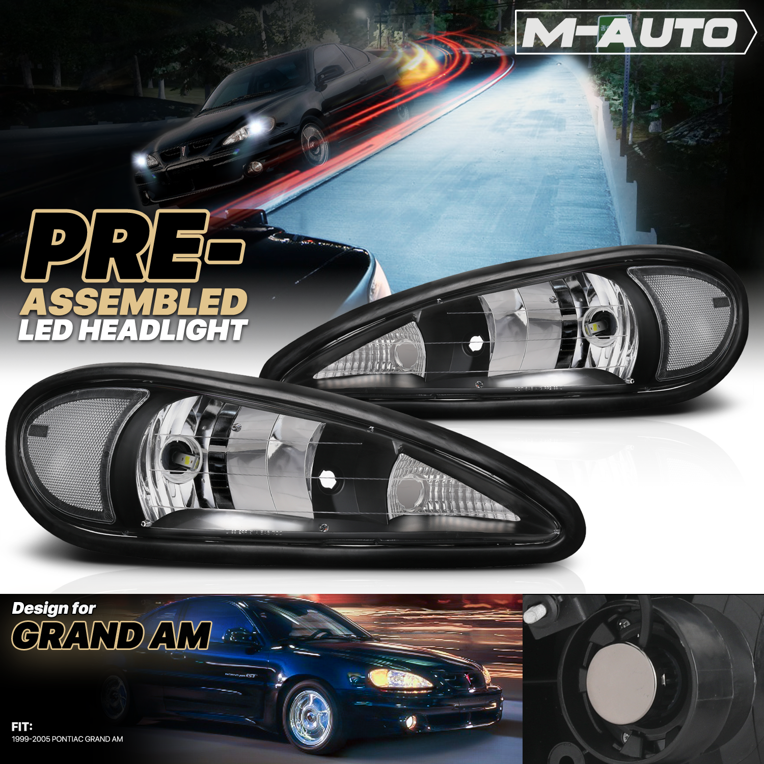 Factory Style Headlights w/LED Bulbs (Black)<br>99-05 Pontiac Grand Am