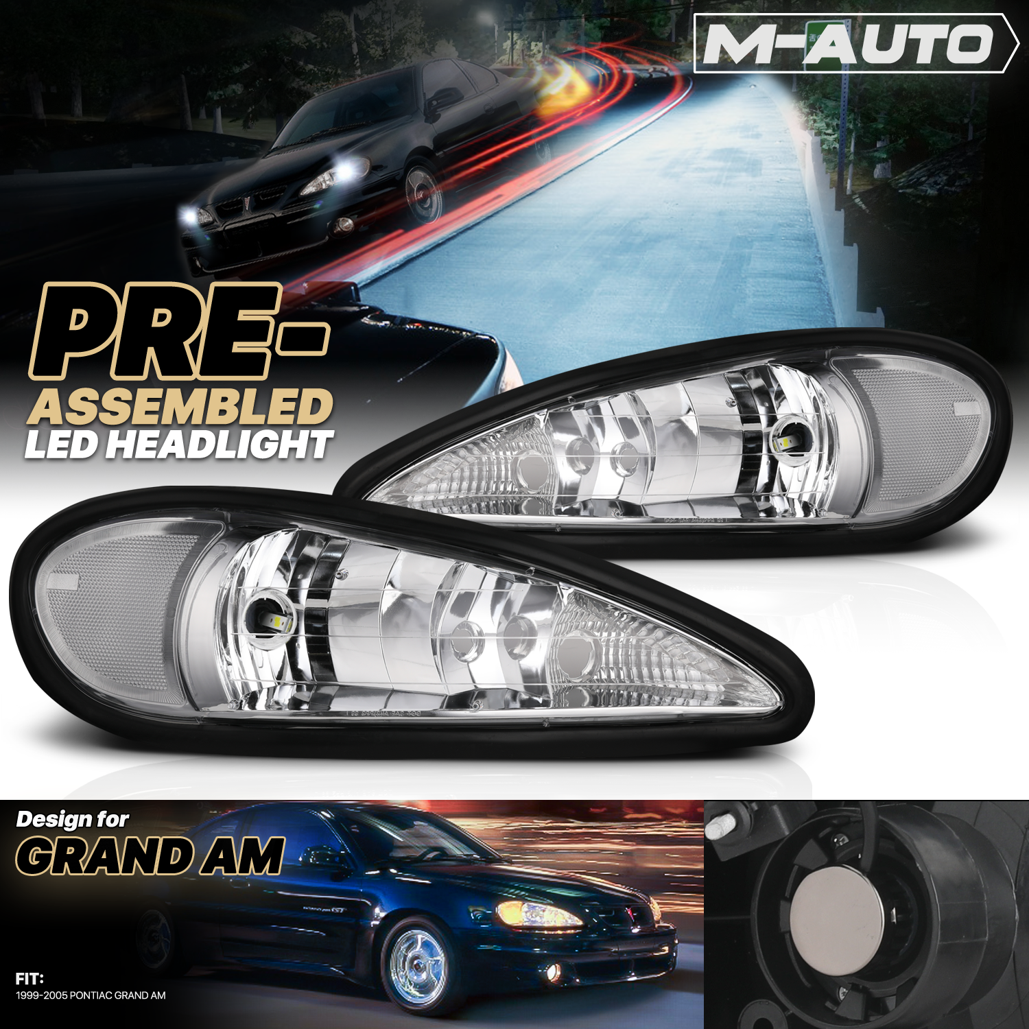 Factory Style Headlights w/LED Bulbs (Chrome)<br>99-05 Pontiac Grand Am