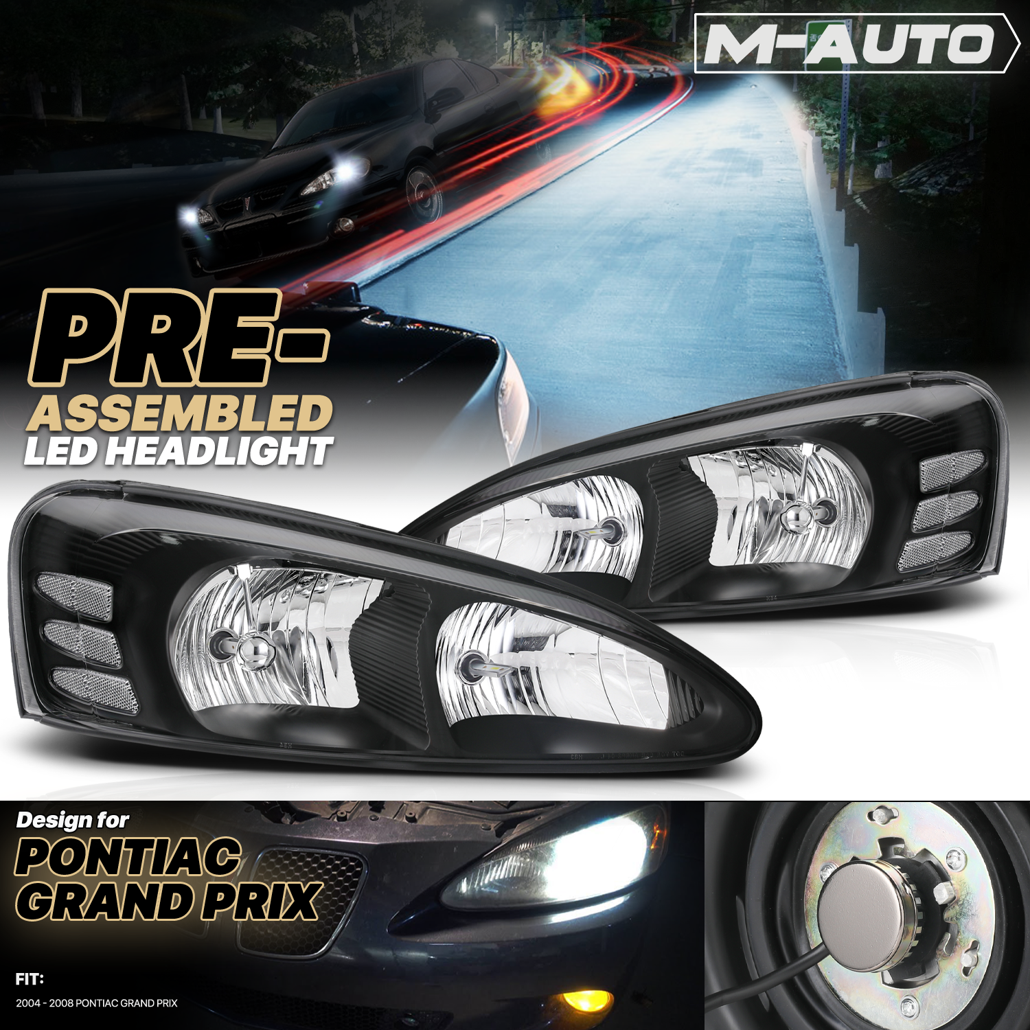 Factory Style Headlights w/LED Bulbs (Black)<br>04-08 Pontiac Grand Prix