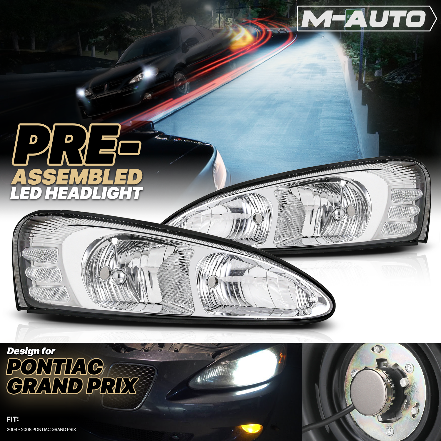 Factory Style Headlights w/LED Bulbs (Chrome)<br>04-08 Pontiac Grand Prix