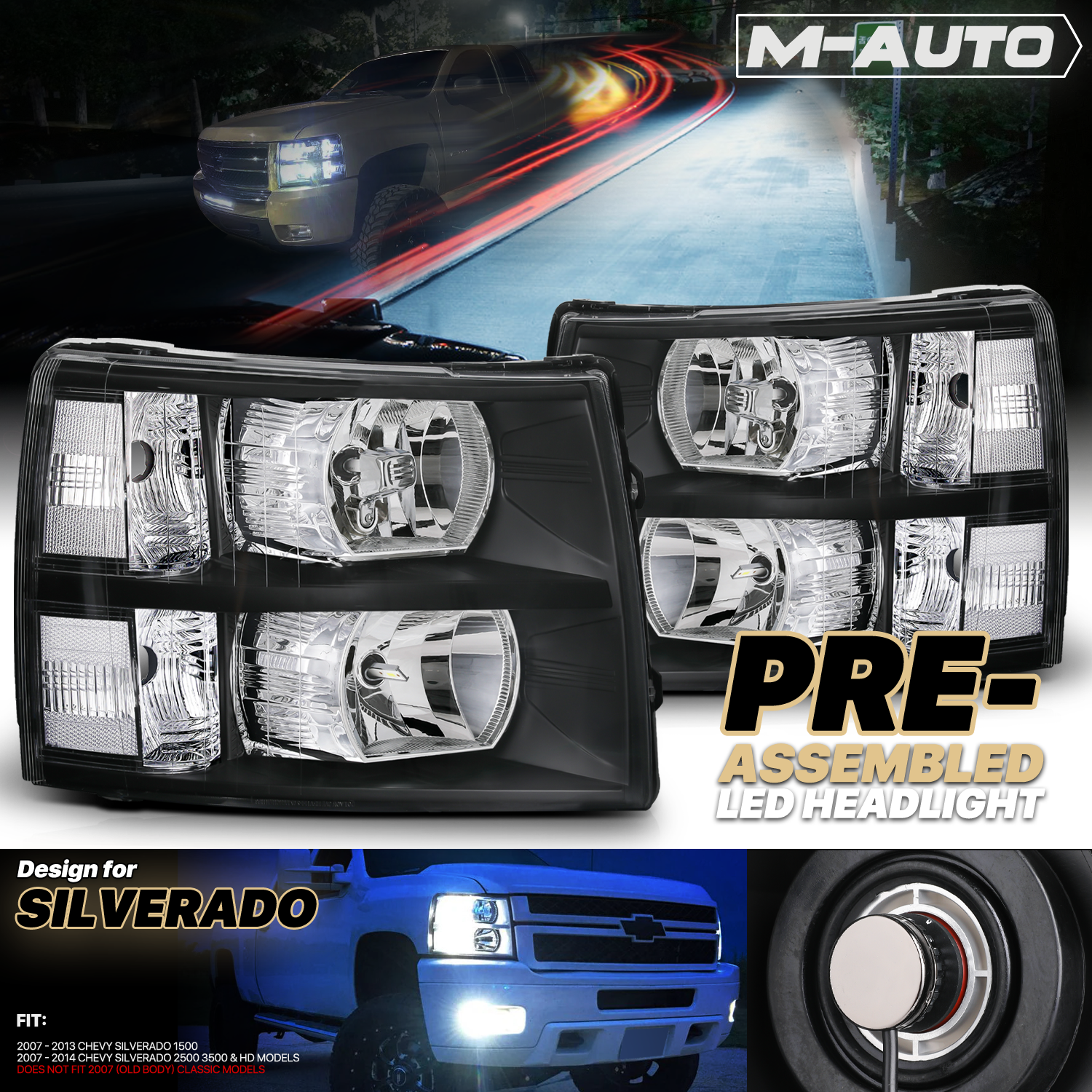 Factory Style Headlights w/LED Bulbs (Black)<br>07-14 Chevy Silverado