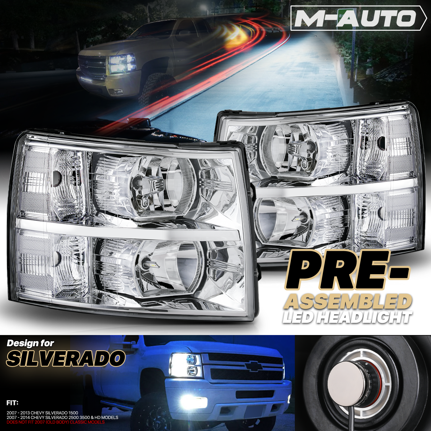 Factory Style Headlights w/LED Bulbs (Chrome)<br>07-14 Chevy Silverado