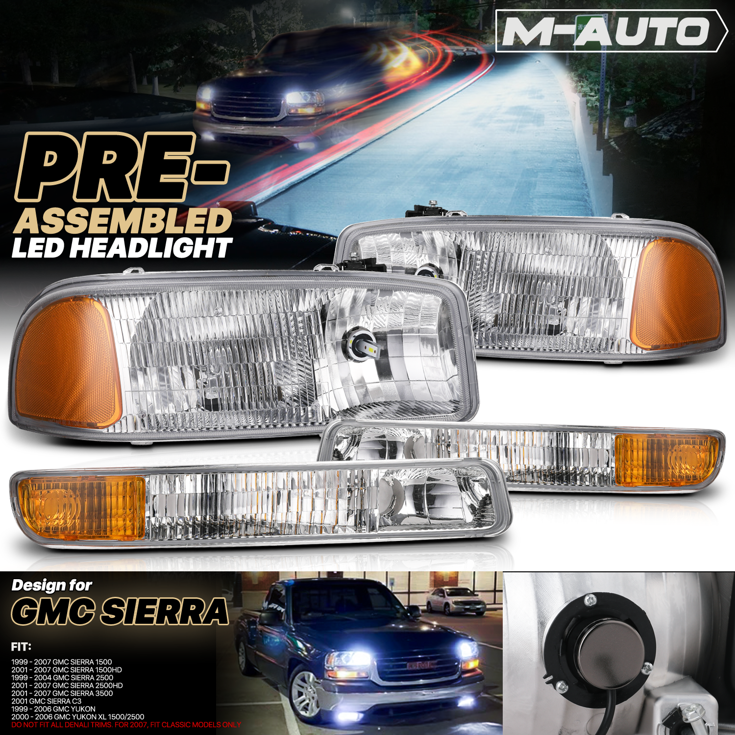 Factory Replacement Headlight w/LED Bulbs<br>99-07 GMC Sierra/Yukon XL