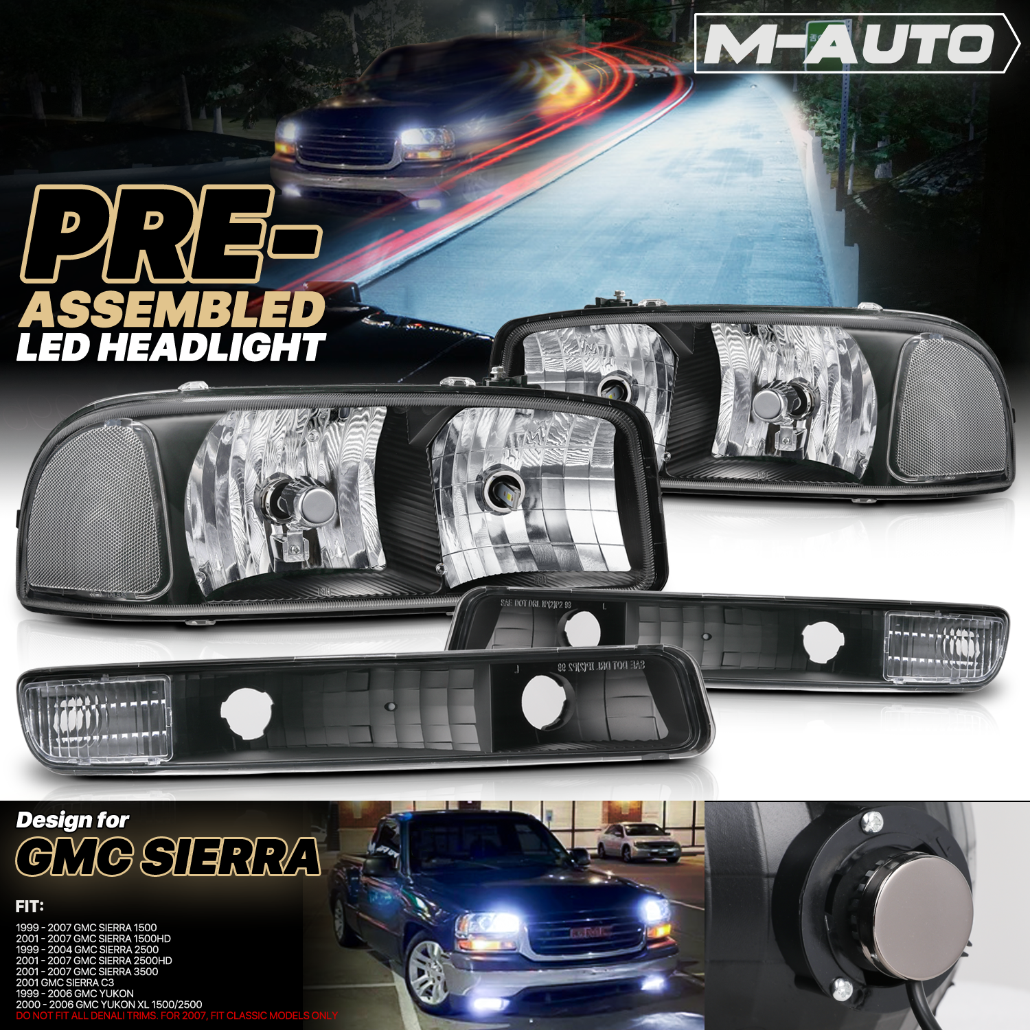 Factory Style Headlights W/LED Bulbs (Black)<br>99-07 GMC Sierra/Yukon XL