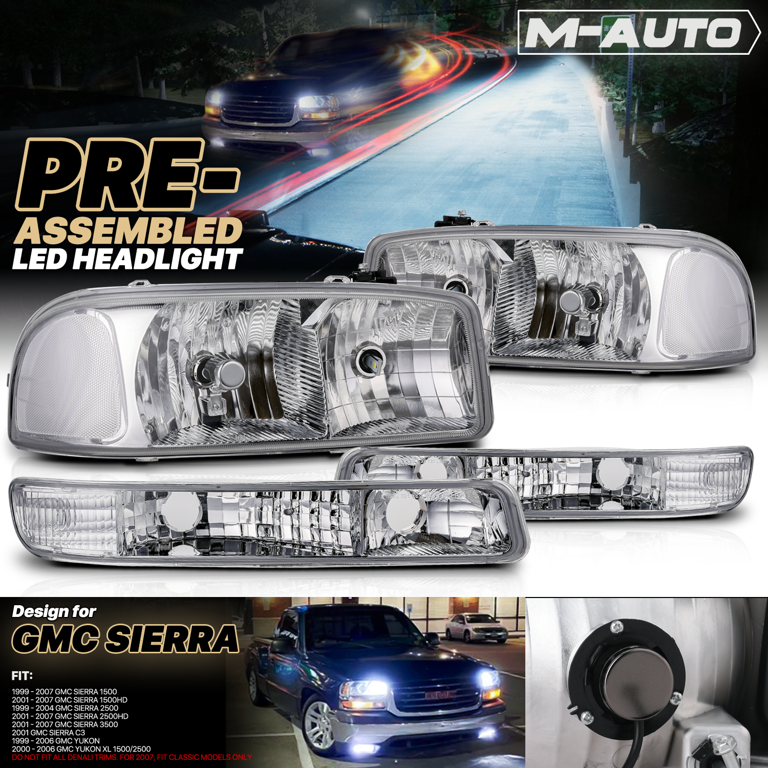 Factory Style Headlights W/LED Bulbs (Chrome)<br>99-07 GMC Sierra/Yukon XL