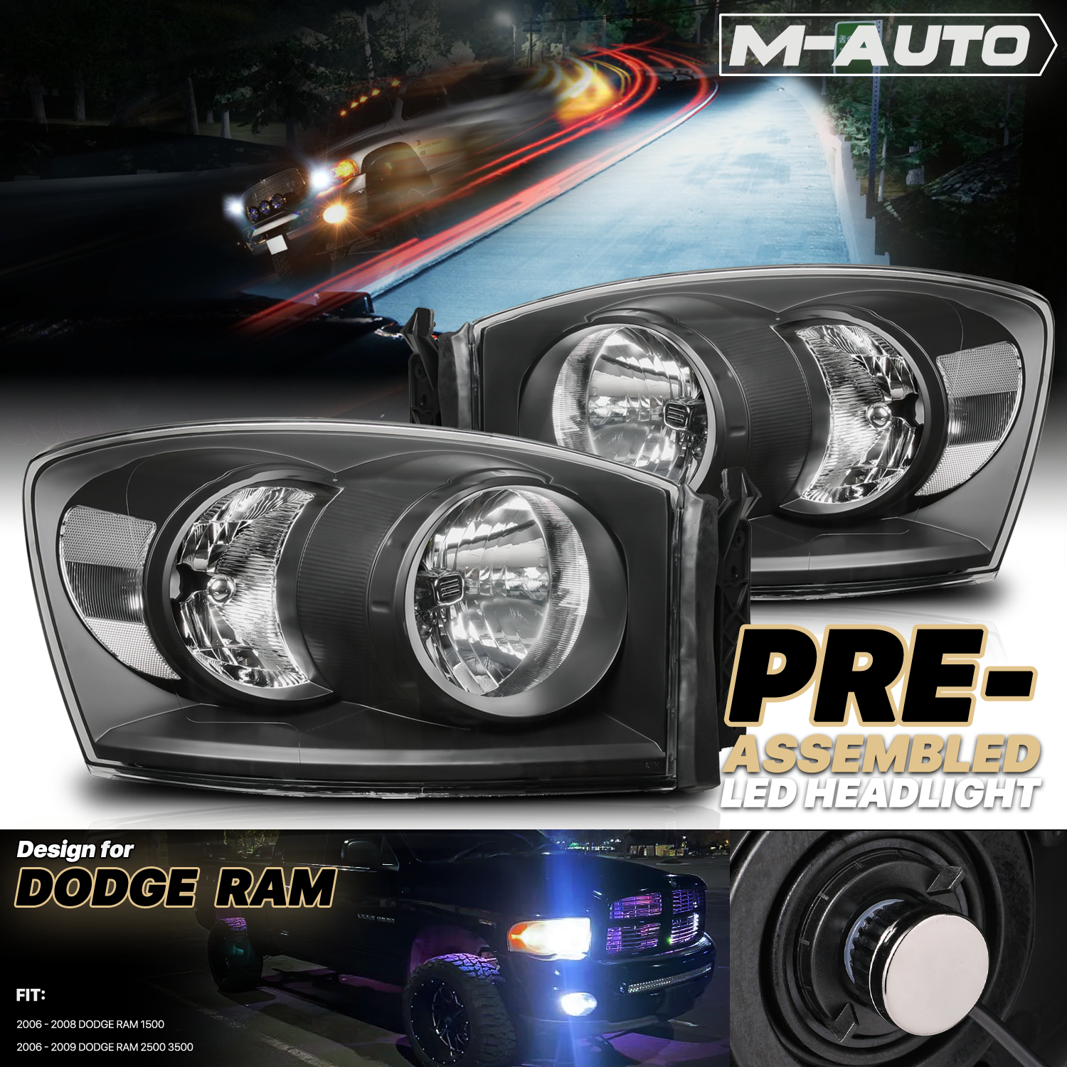 Factory Style Headlights w/LED Bulbs (Black)<br>06-09 Dodge Ram 1500/2500/3500