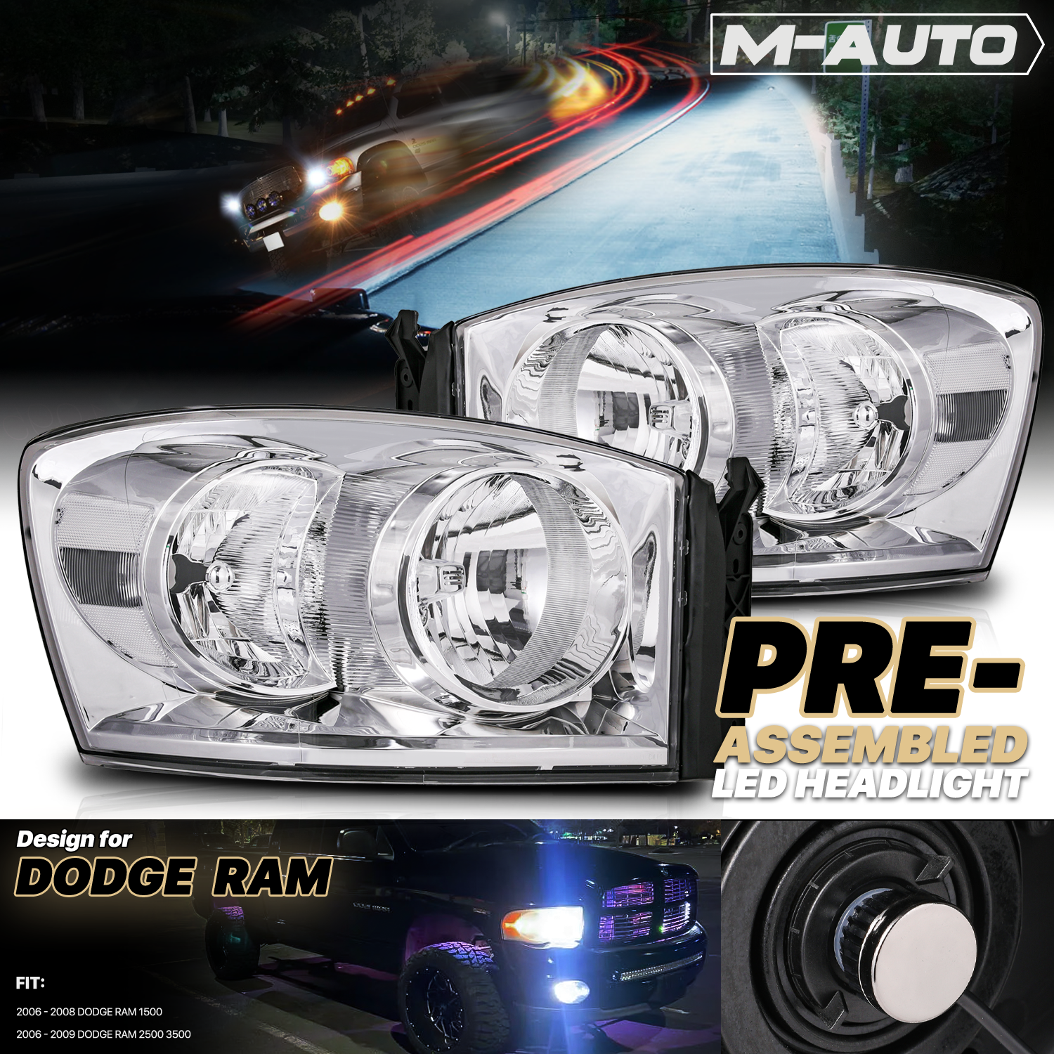 Factory Style Headlights w/LED Bulbs (Chrome)<br>06-09 Dodge Ram 1500/2500/3500