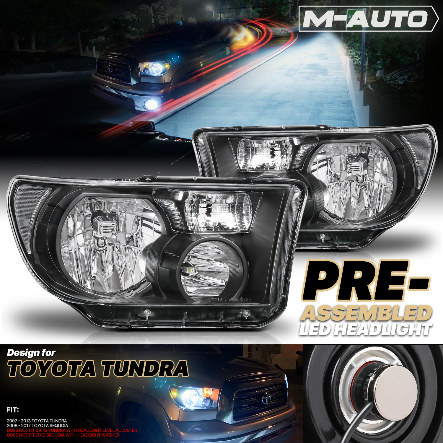 Factory Style Headlights w/LED Bulbs (Black)<br>07-13 Toyota Tundra, 08-17 Sequoia