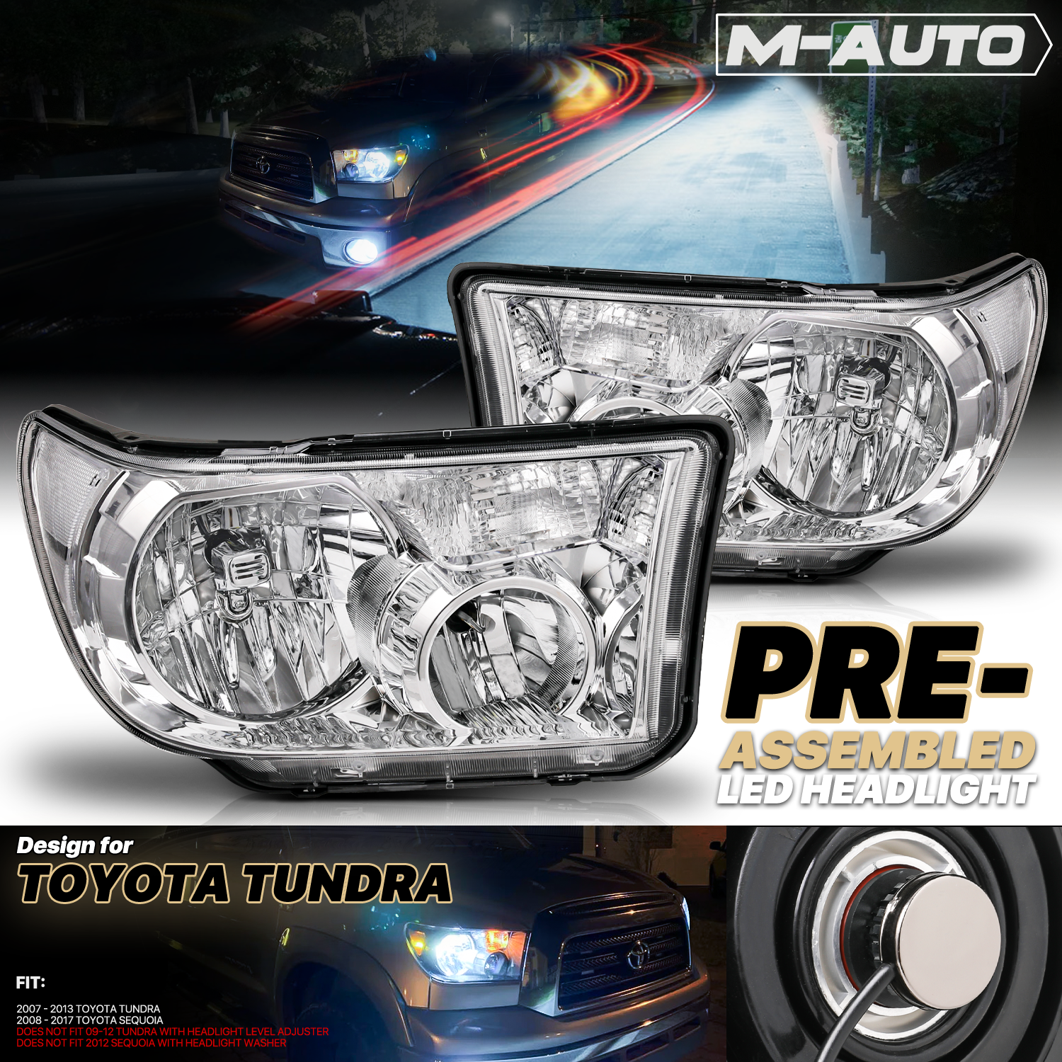 Factory Style Headlights w/LED Bulbs (Chrome)<br>07-13 Toyota Tundra, 08-17 Sequoia