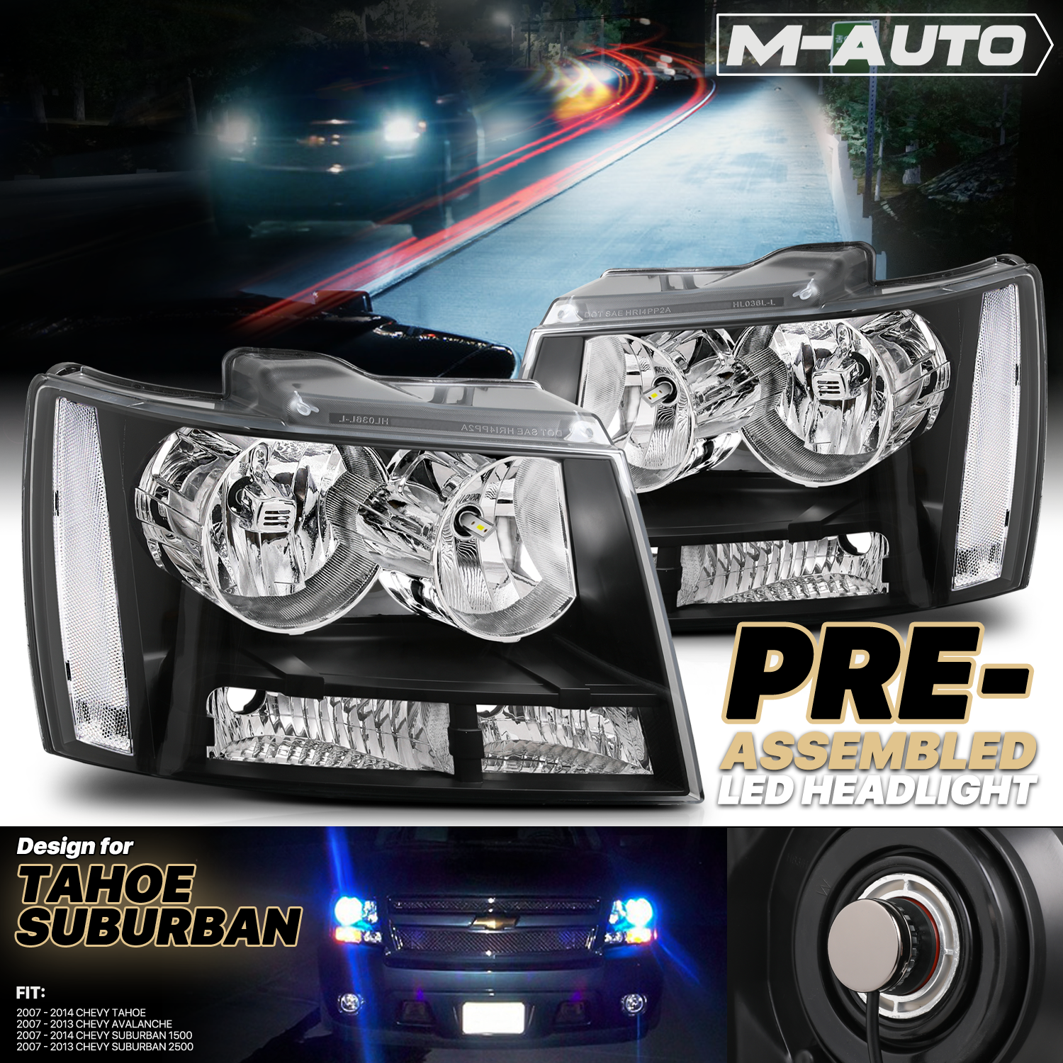 Factory Style Headlights w/LED Bulbs (Black)<br>07-14 Chevy Suburban, Tahoe, Avalanche