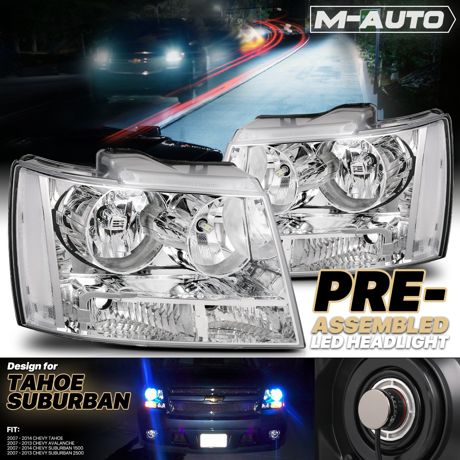 Factory Style Headlights w/LED Bulbs (Chrome)<br>07-14 Chevy Suburban, Tahoe, Avalanche