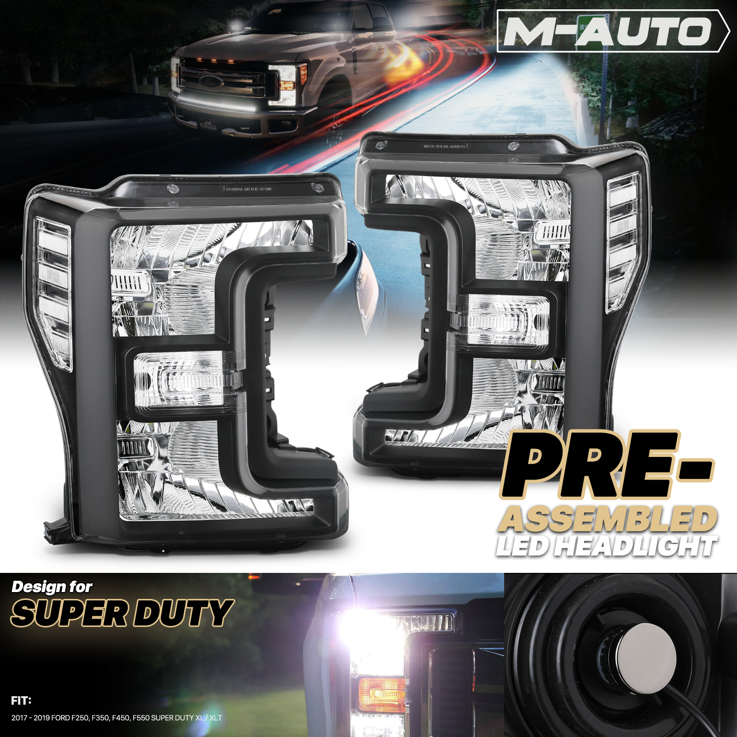 Factory Style Headlights w/LED Bulbs (Black)<br>17-19 Ford F250 - F550 Super Duty XL, XLT