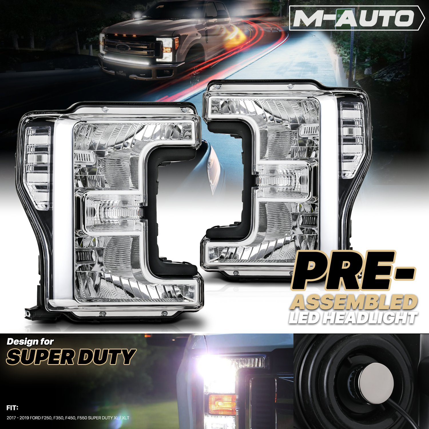 Factory Style Headlights w/LED Bulbs (Chrome)<br>17-19 Ford F250 - F550 Super Duty XL, XLT