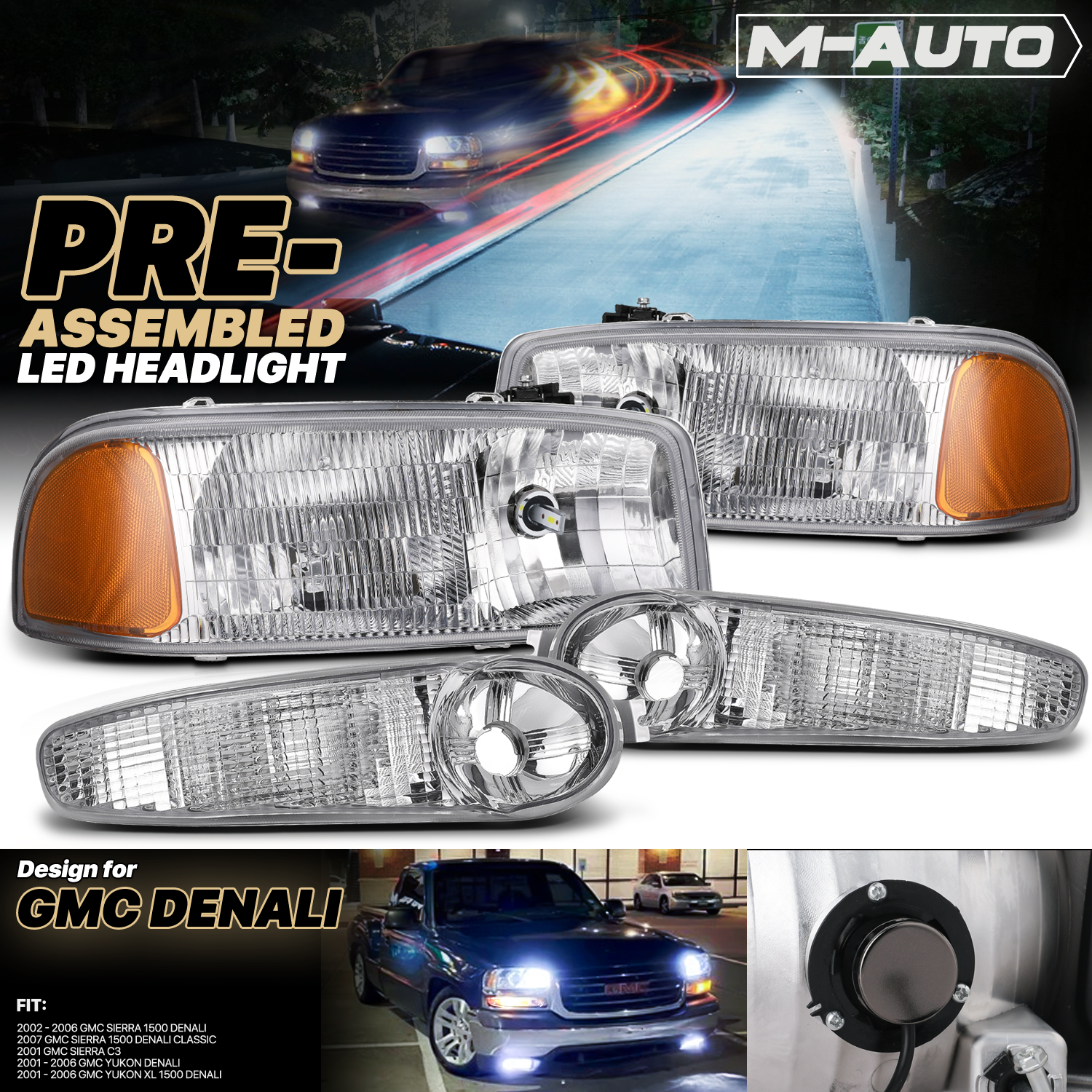 Factory Replacement Headlights w/LED Bulbs <br>01-07 GMC Sierra/Yukon XL Denali