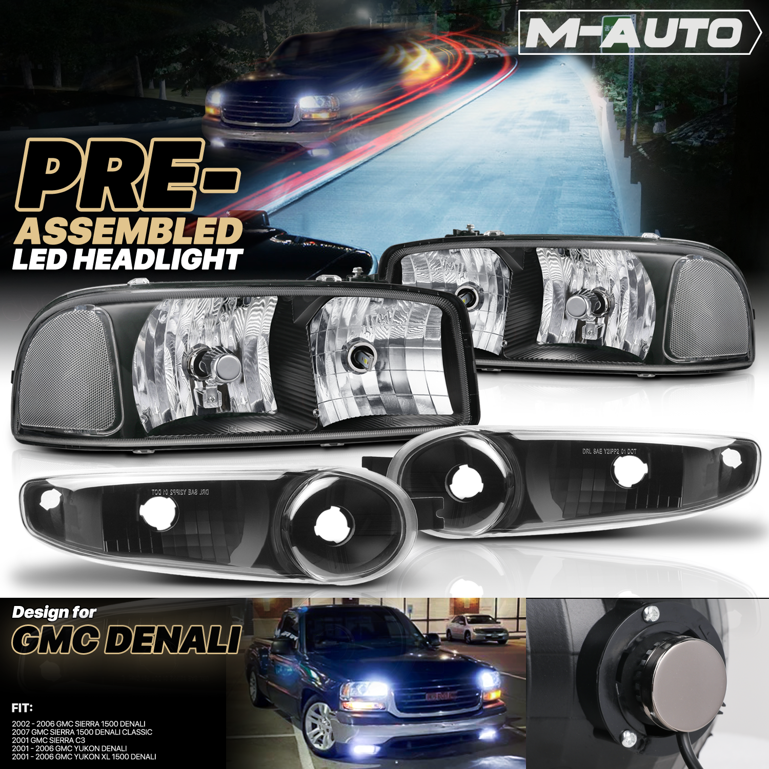 Factory Style Headlights w/LED Bulbs (Black)<br>01-06 GMC Sierra/Yukon XL Denali