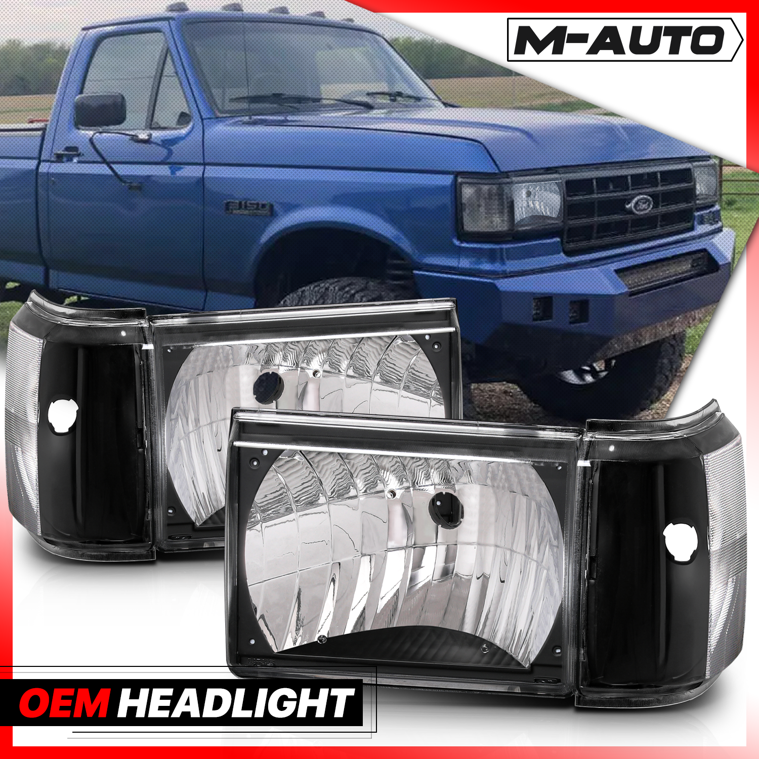 Factory Style Headlights (Black)<br>87-91 Ford F150, F250, F350, Bronco