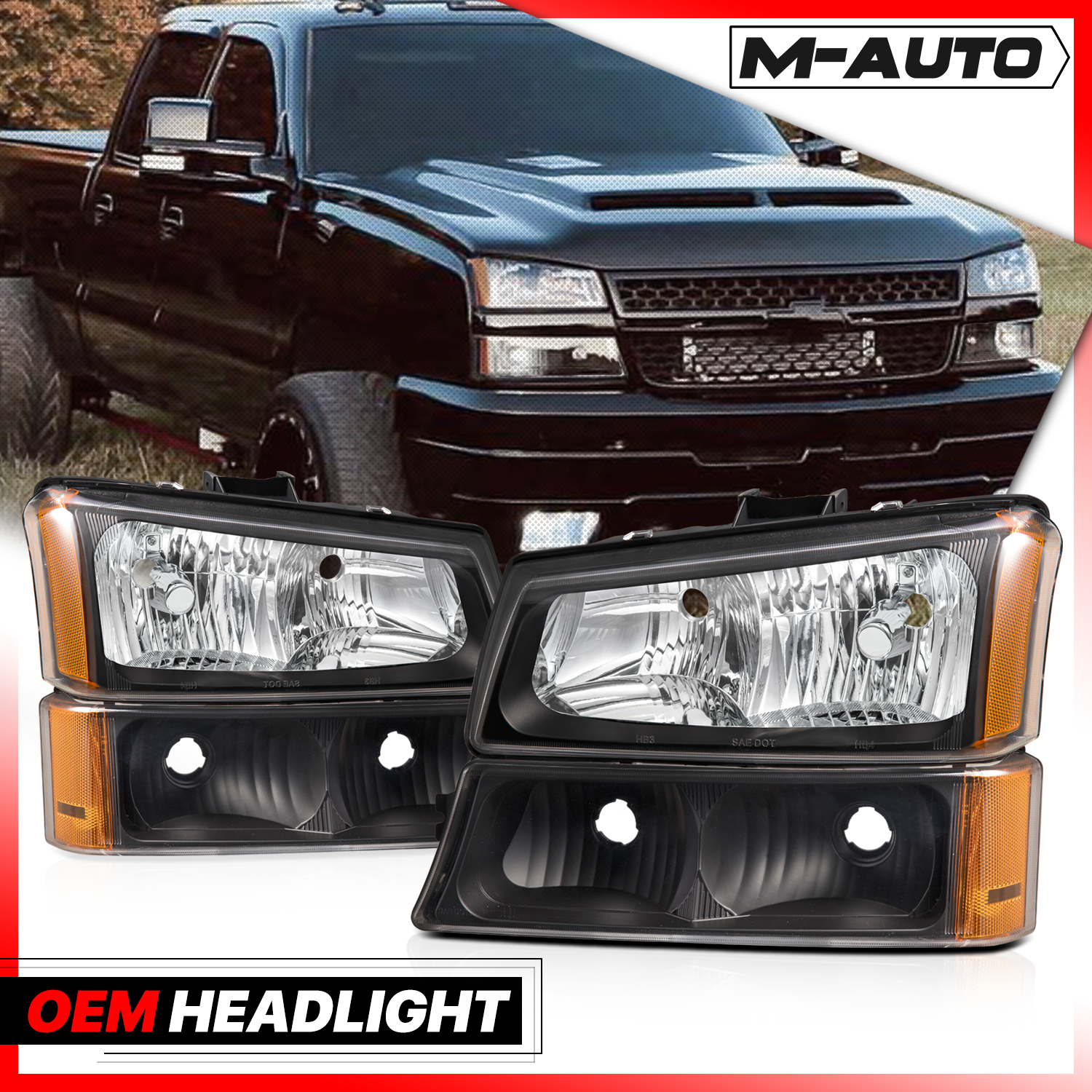 Factory Style Headlights (Black/Amber)<br>03-07 Chevy Silverado, Avalanche