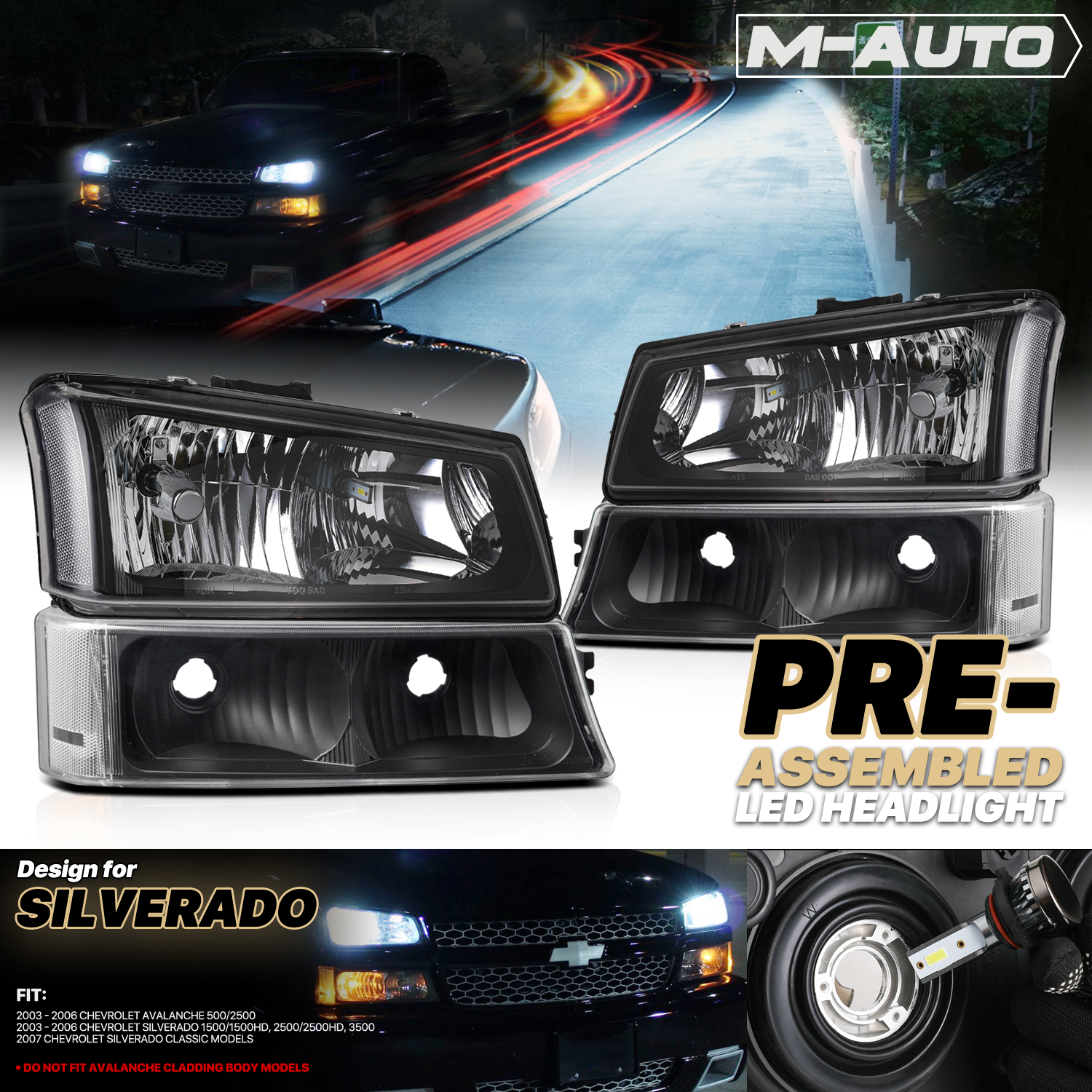 Factory Style Headlights w/LED Bulbs (Black/Clear)<br>03-07 Chevy Silverado, Avalanche