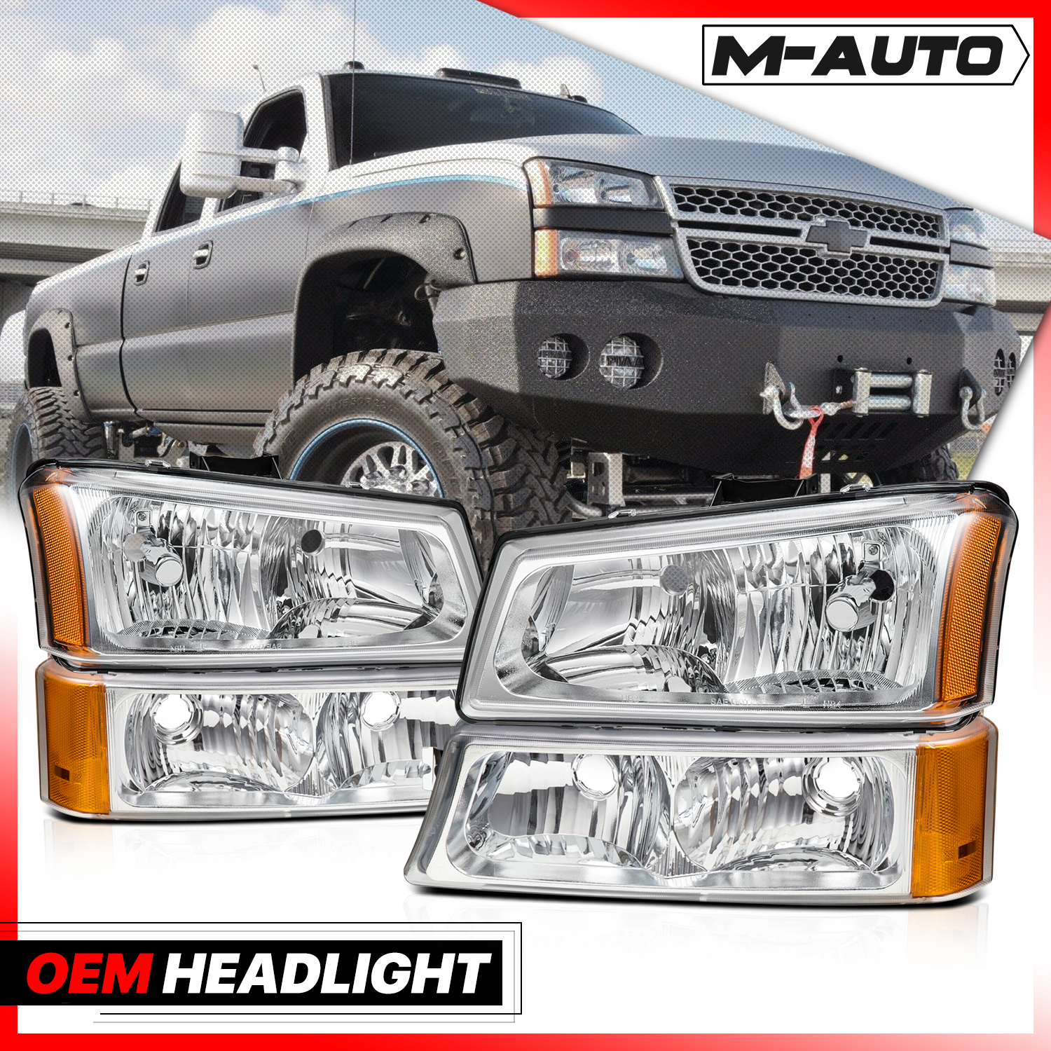 Factory Style Headlights (Chrome/Amber)<br>03-07 Chevy Silverado, Avalanche