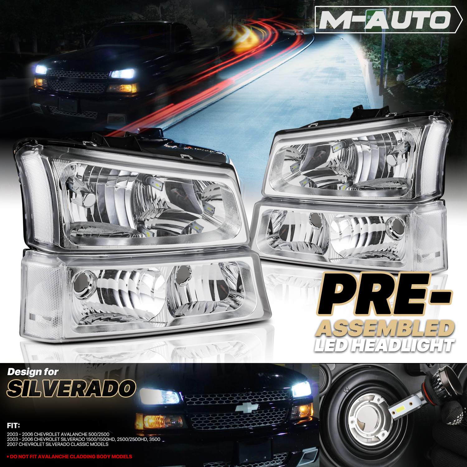 Factory Style Headlights w/LED Bulbs (Chrome)<br>03-07 Chevy Silverado, Avalanche