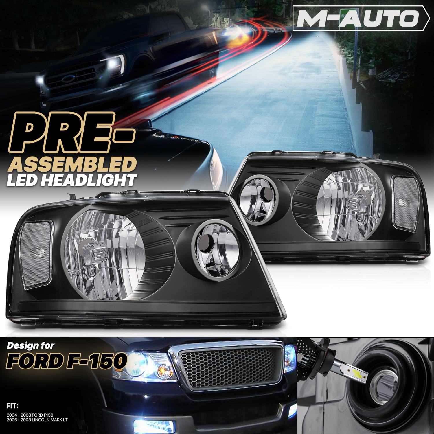 Factory Style Headlights W/LED Bulbs (Black)<br>04-08 Ford F150, 06-08 Lincoln Mark LT