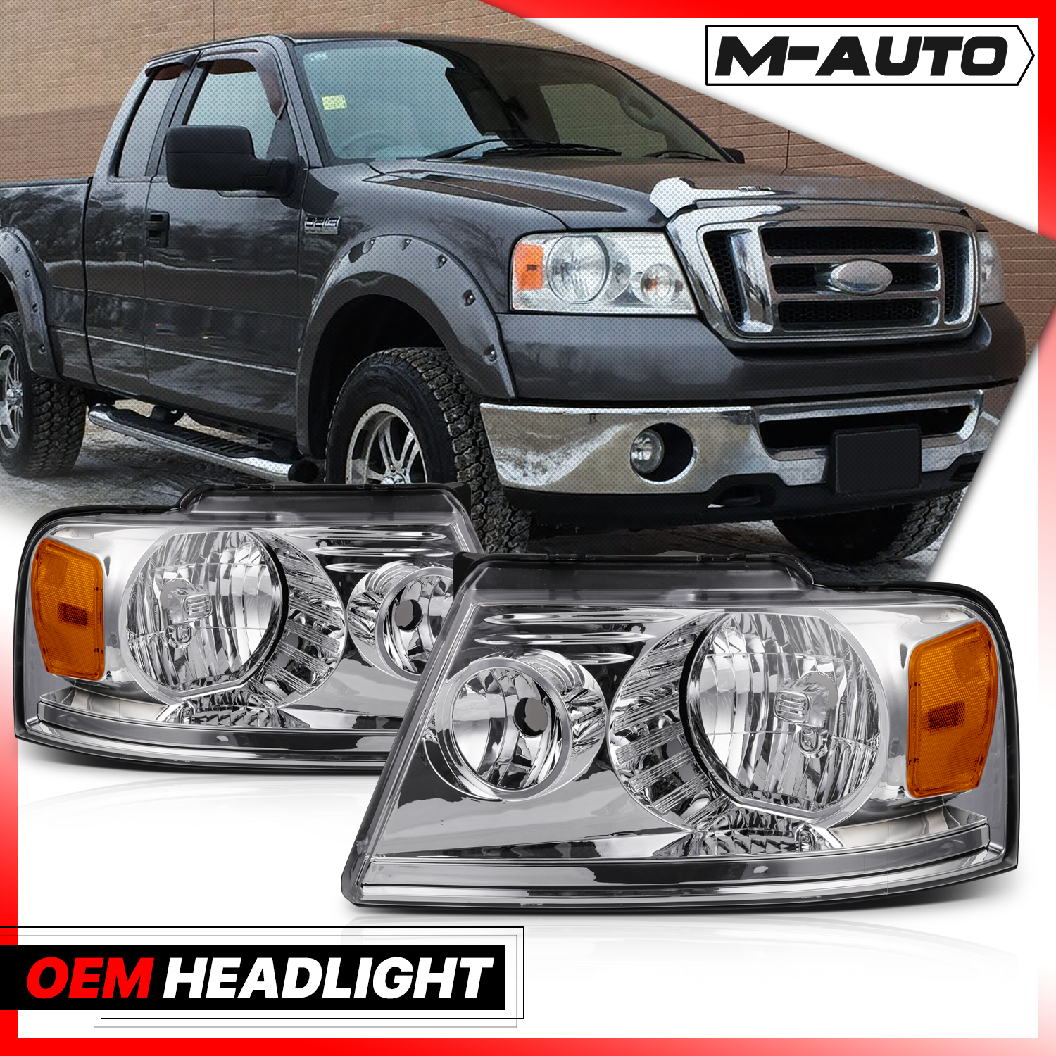 Factory Style Headlights (Chrome/Amber)<br>04-08 Ford F150, 06-08 Lincoln Mark LT