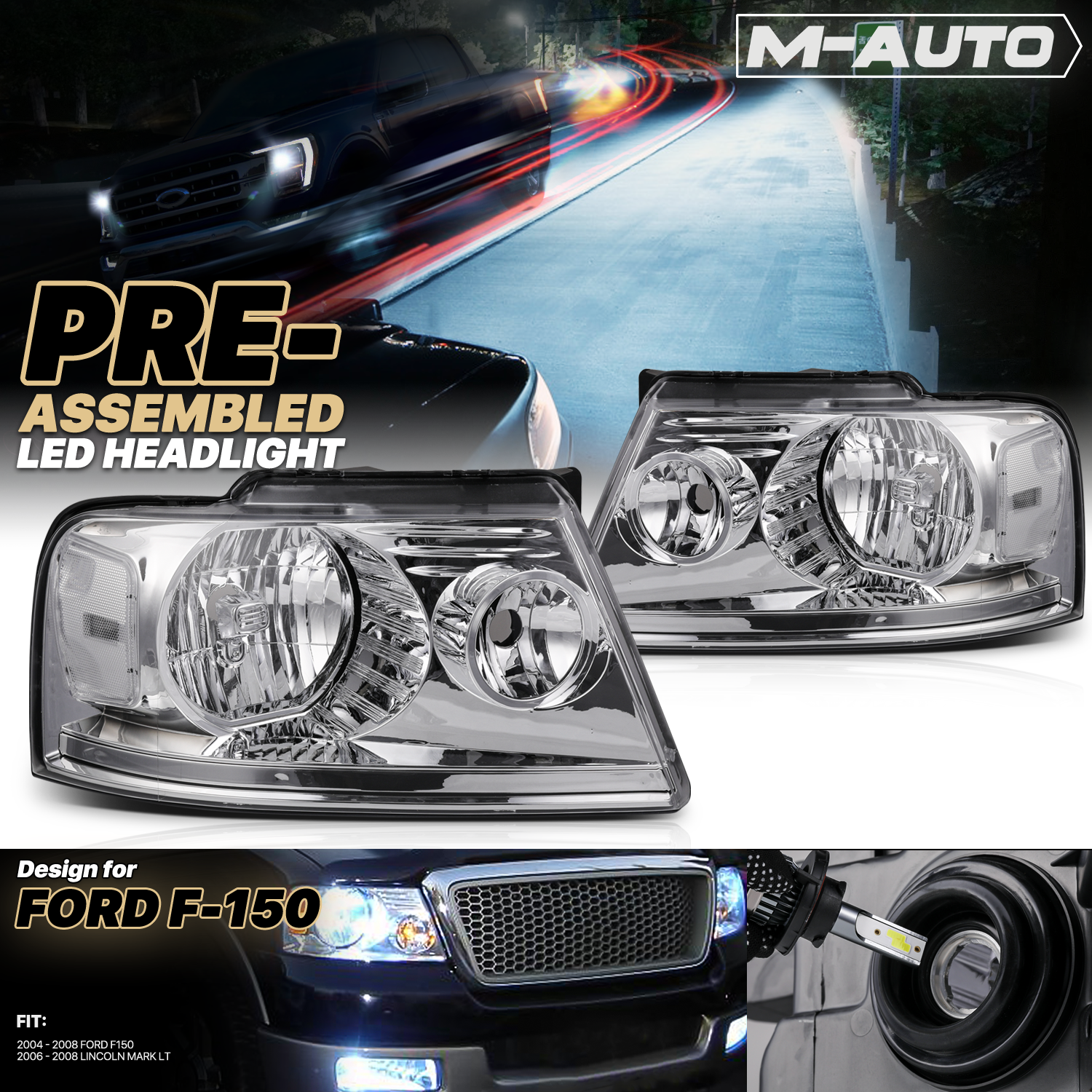 Factory Style Headlights w/LED Bulbs (Chrome)<br>04-08 Ford F150, 06-08 Lincoln Mark LT