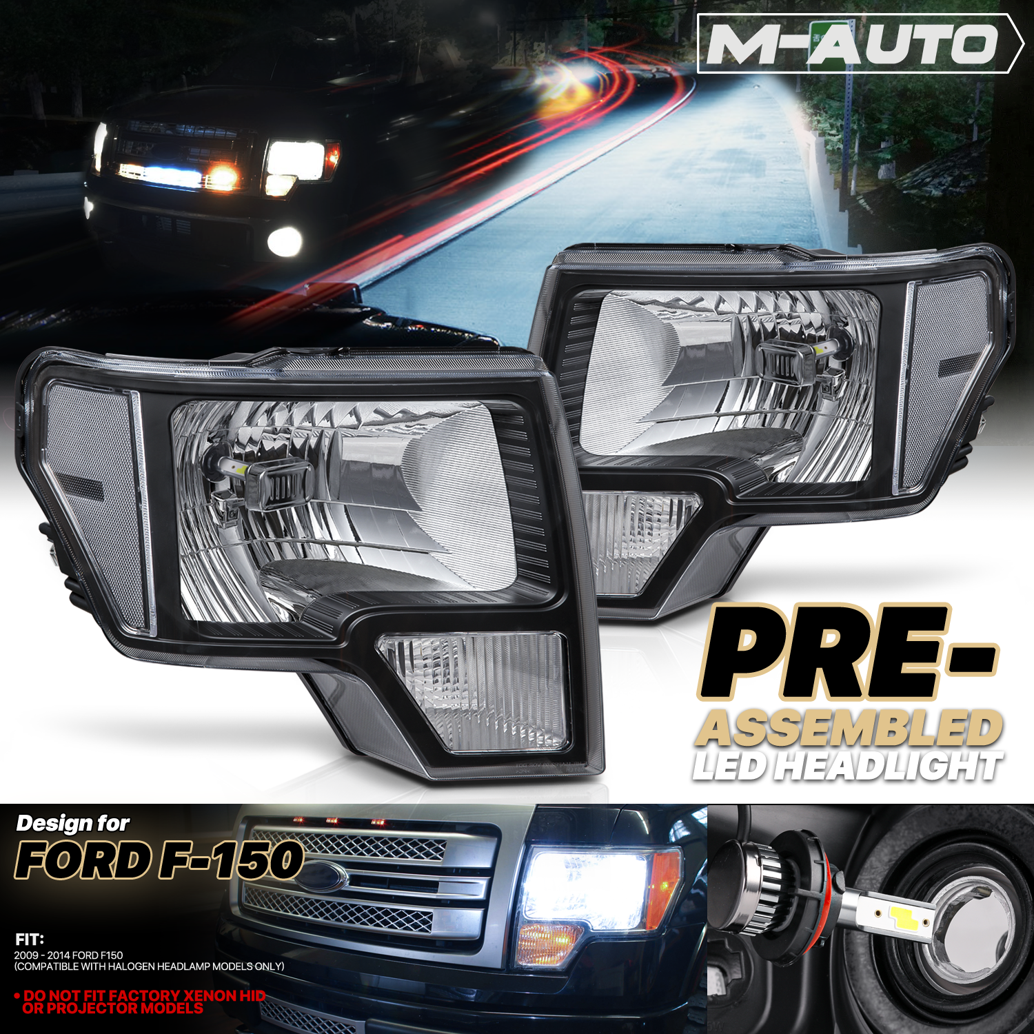 Factory Style Headlights W/LED Bulbs (Black)<br>09-14 Ford F-150