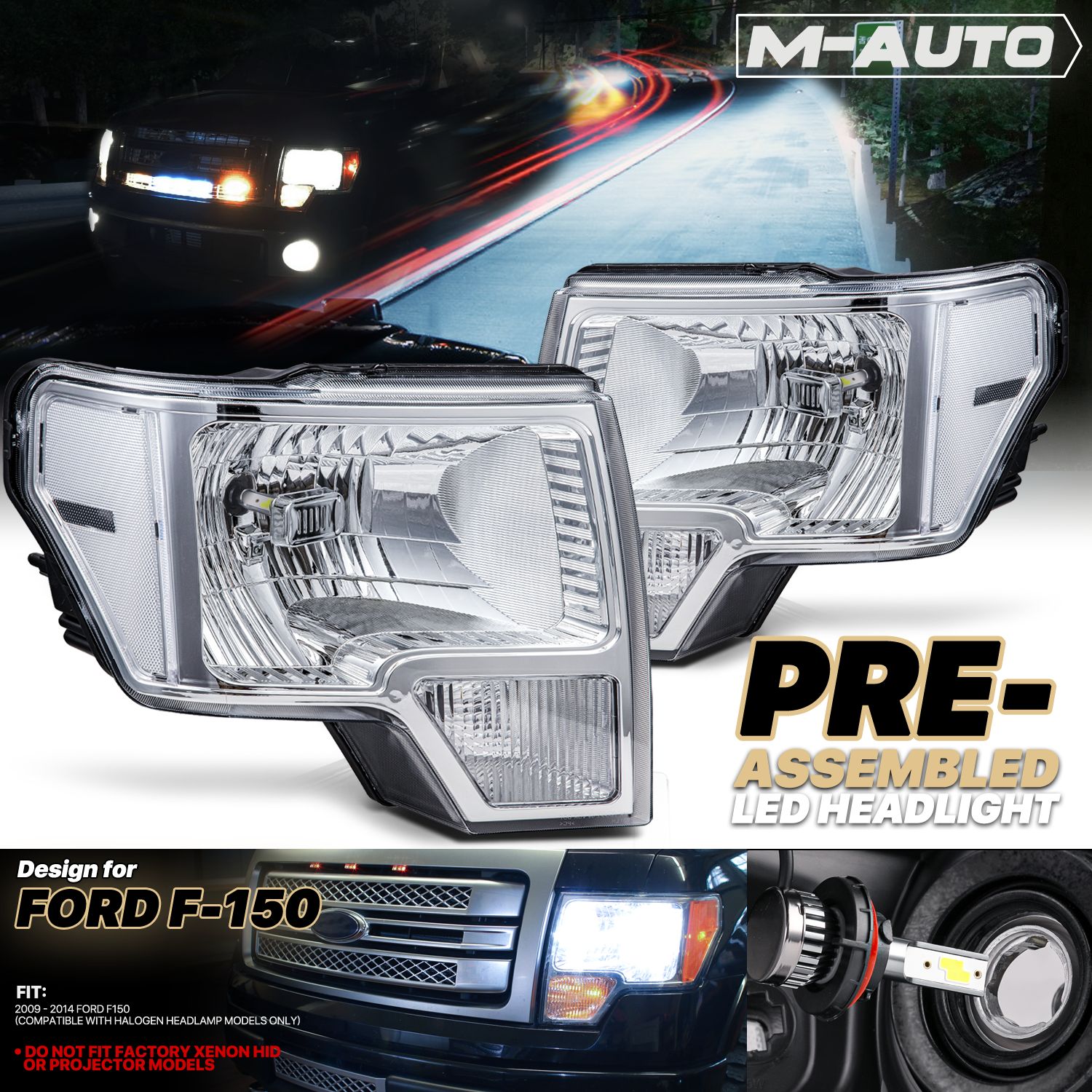 Factory Style Headlights W/LED Bulbs (Chrome)<br>09-14 Ford F-150