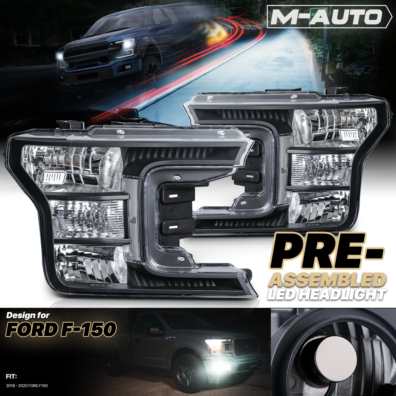 Factory Style Headlights W/LED Bulbs (Black)<br>18-20 Ford F-150