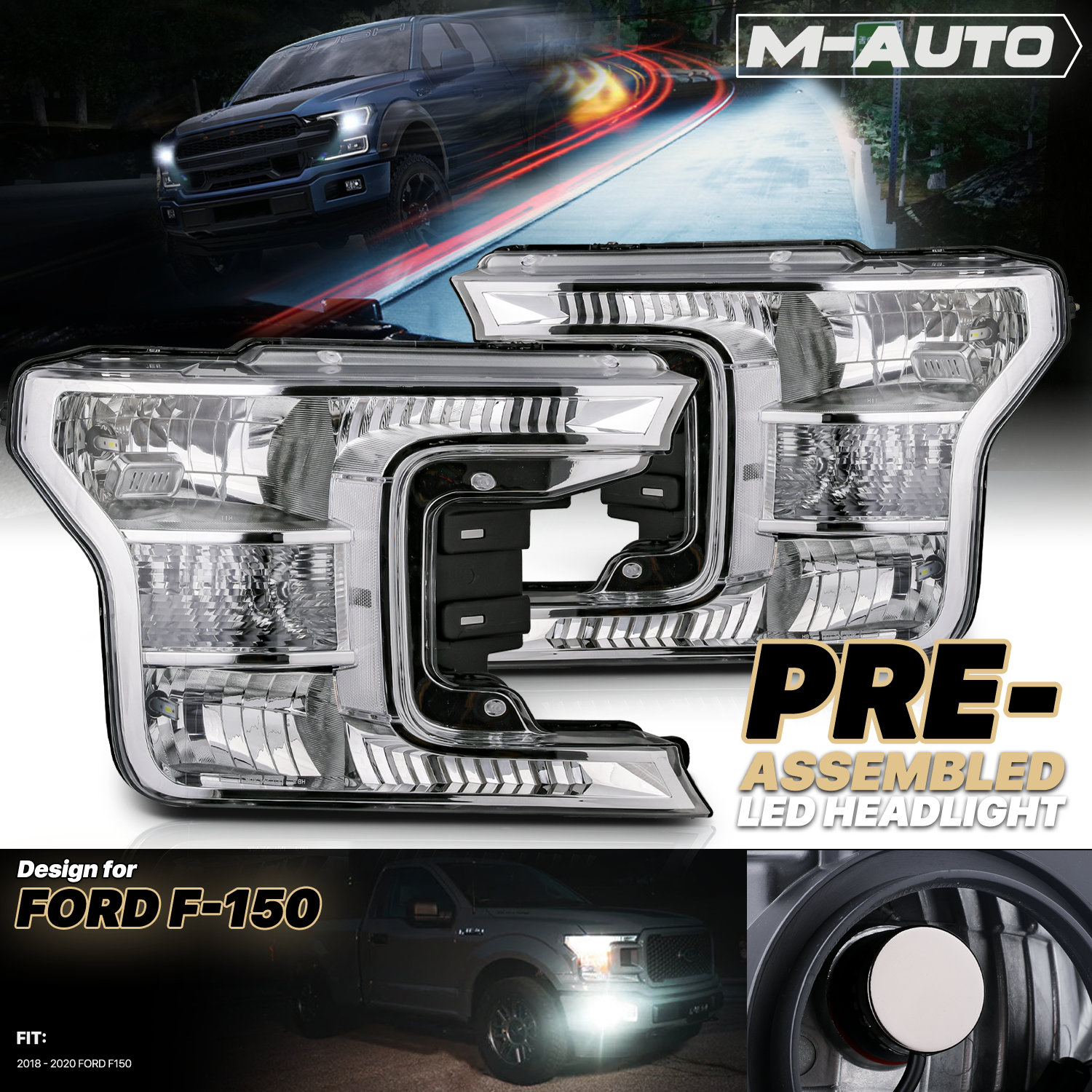 Factory Style Headlights W/LED Bulbs (Chrome)<br>18-20 Ford F-150