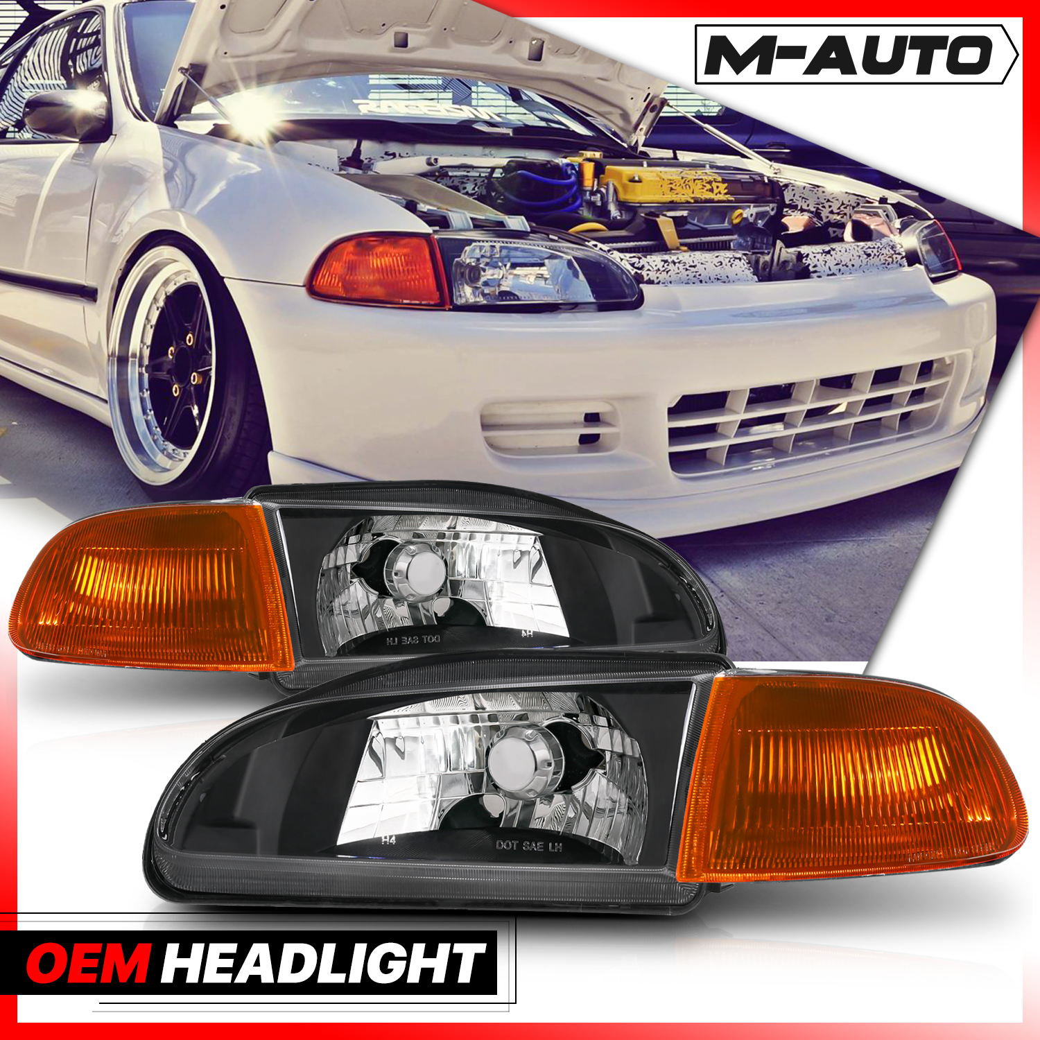 Factory Style Headlights (Black)<br>92-95 Honda Civic Coupe, Hatchback