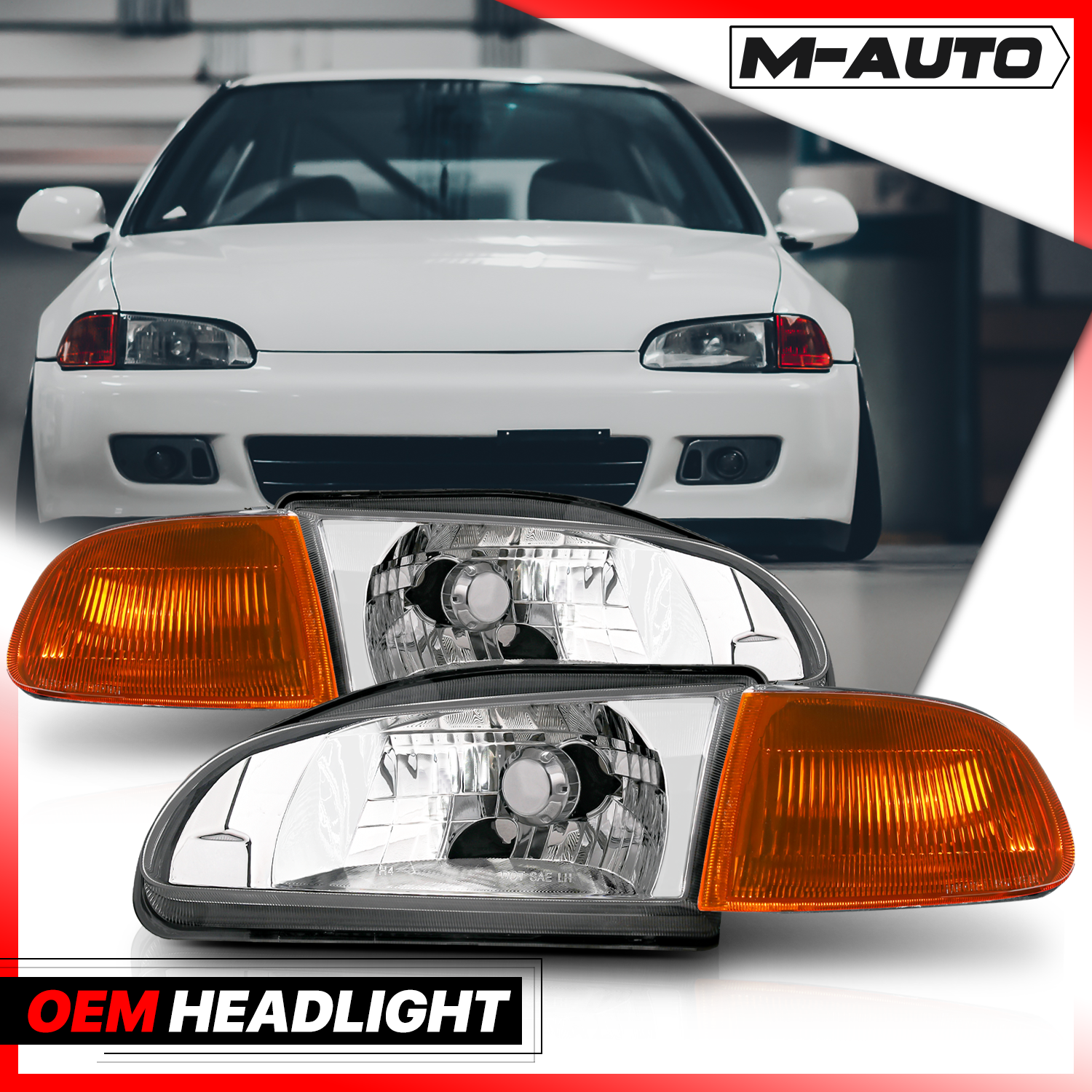 Factory Style Headlights (Chrome)<br>92-95 Honda Civic Coupe, Hatchback