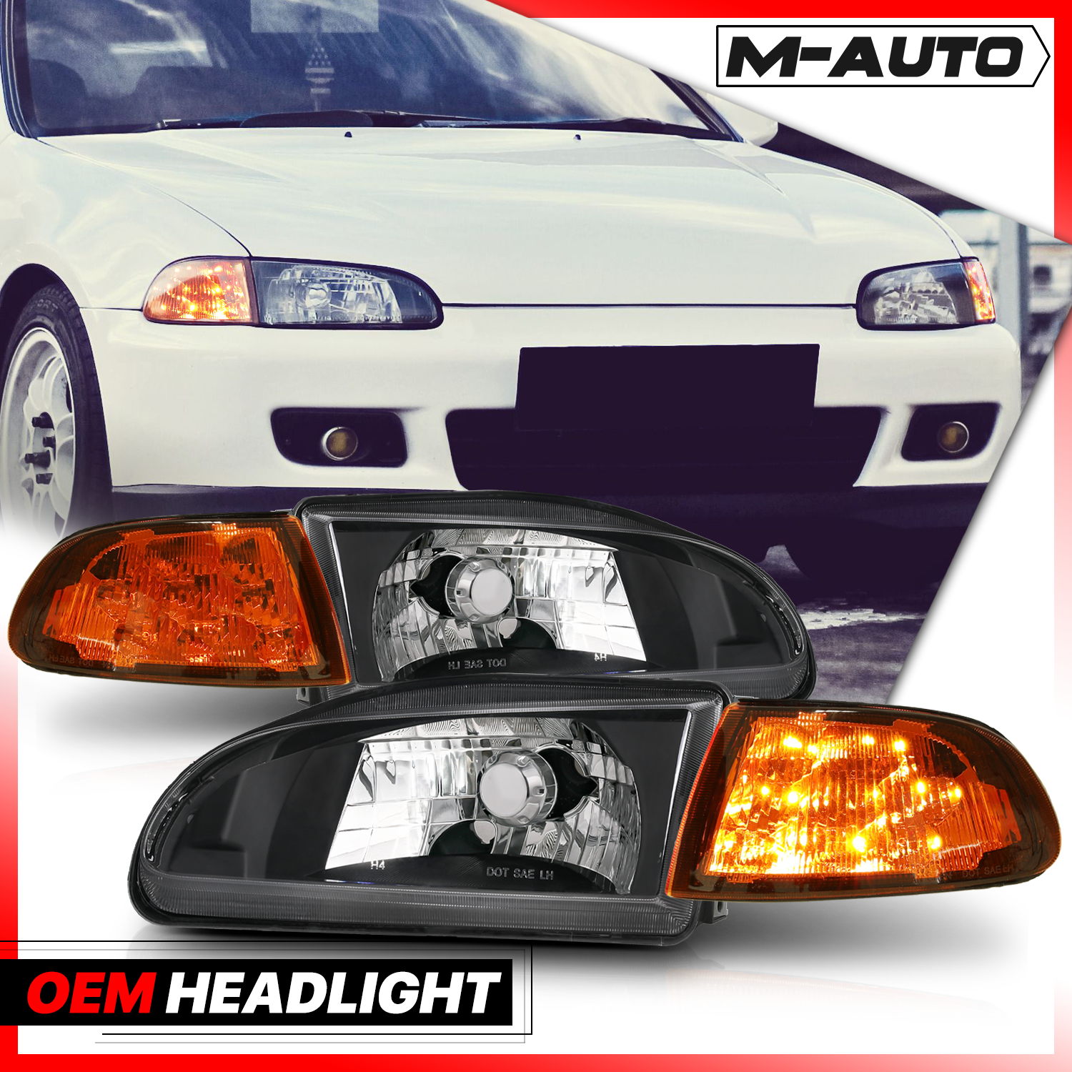 OE Style Headlight+LED Corner Signal (Black)<br>92-95 Honda Civic Coupe, Hatchback