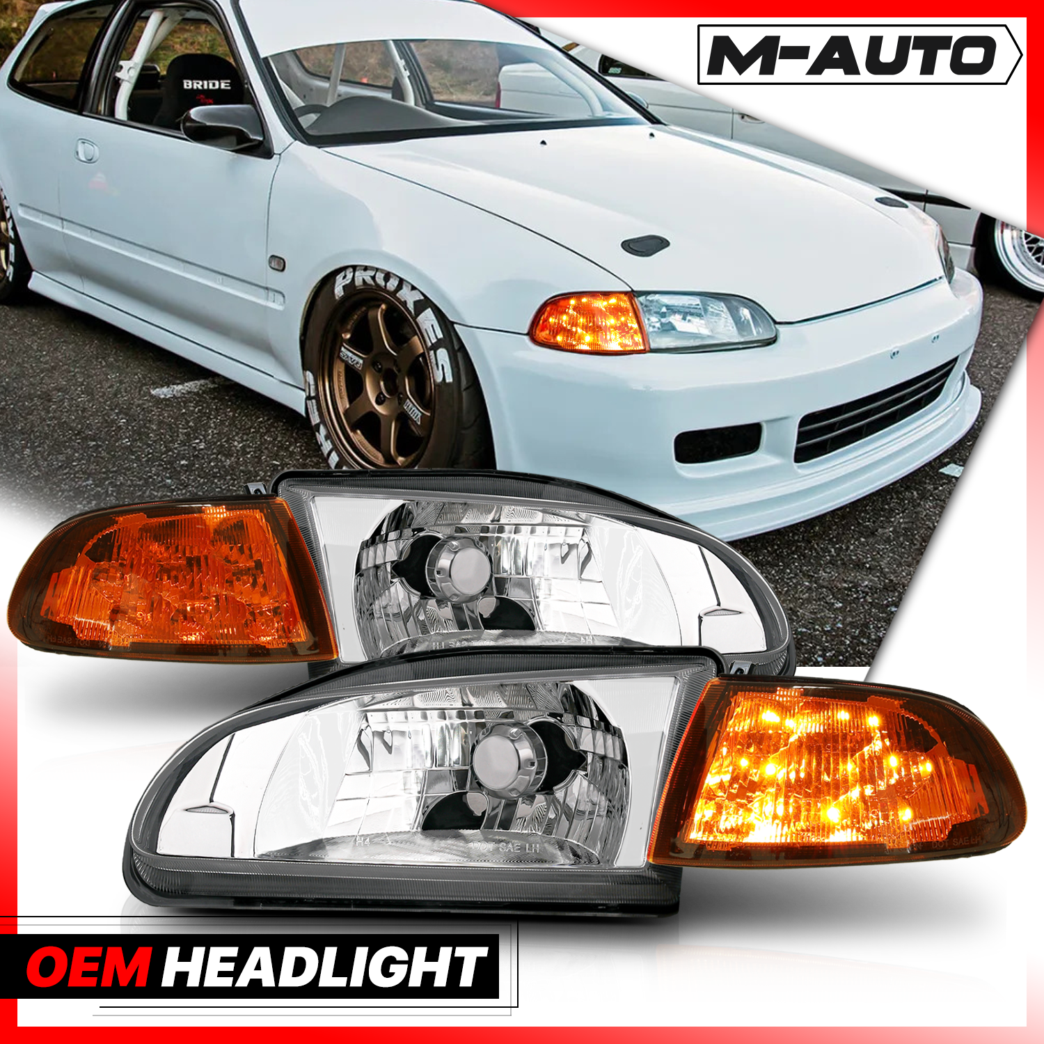 OE Style Headlight+LED Corner Signal (Chrome)<br>92-95 Honda Civic Coupe, Hatchback