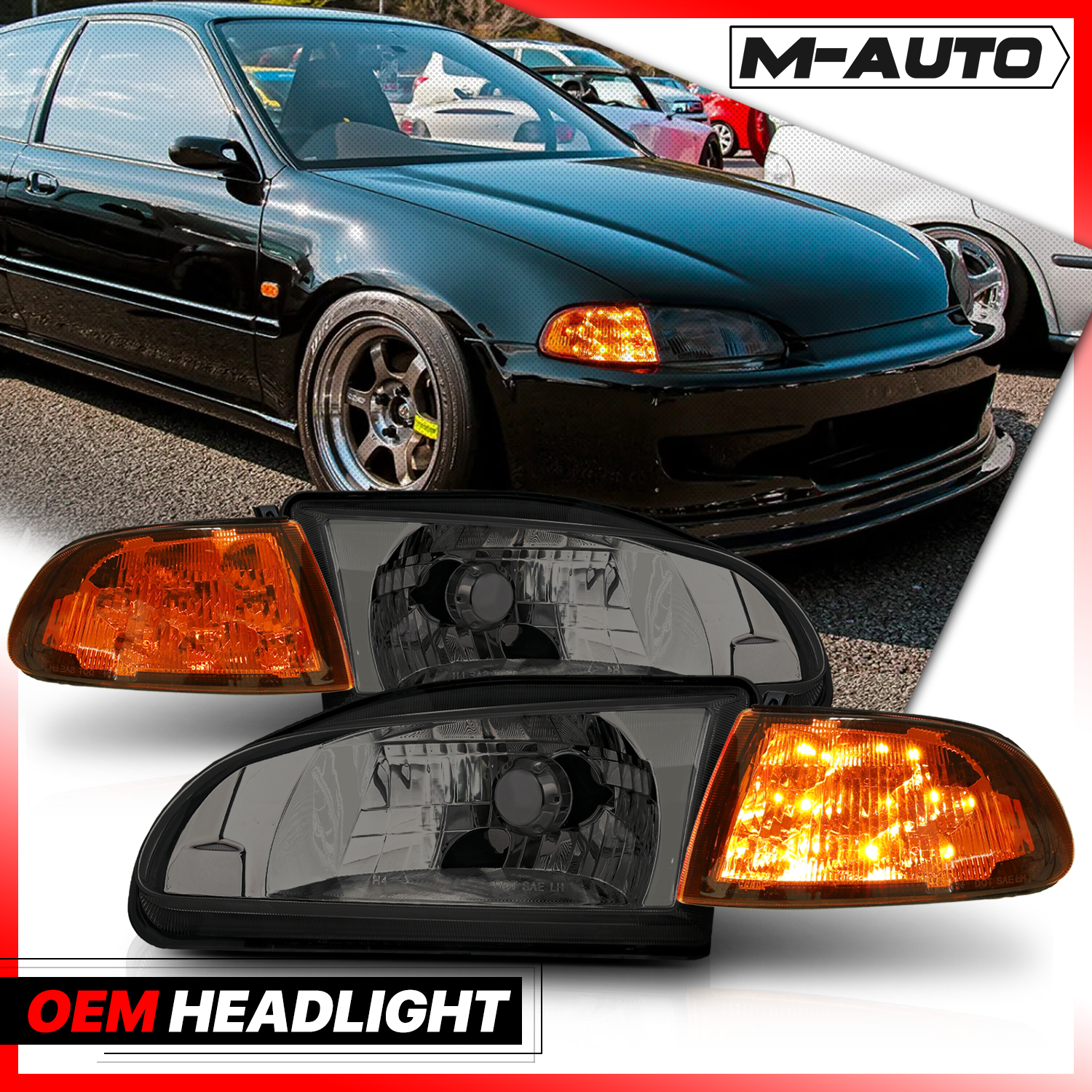 OE Style Headlight+LED Corner Signal (Smoked)<br>92-95 Honda Civic Coupe, Hatchback