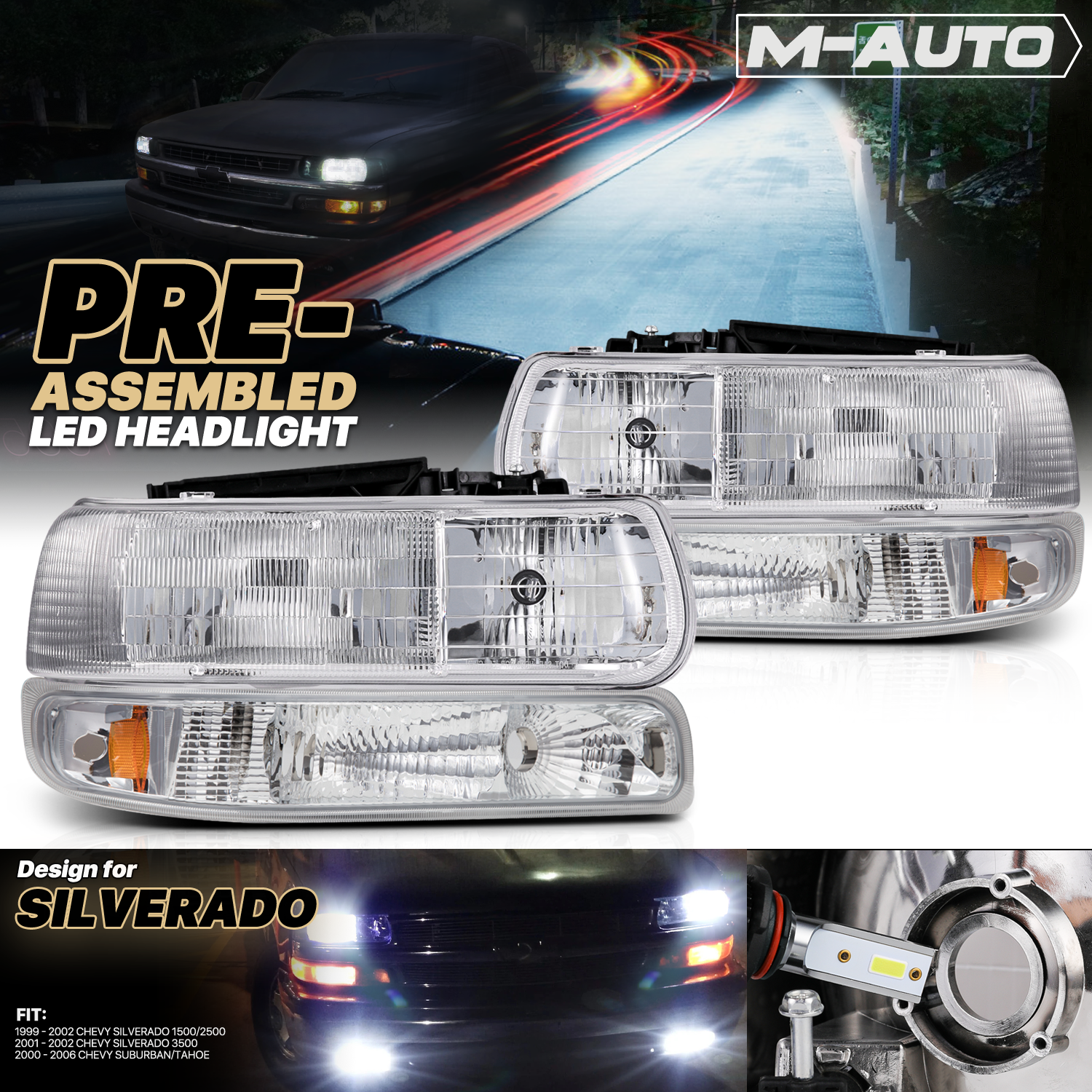 Factory Replacement Headlight w/LED Bulbs<br>99-02 Chevy Silverado, 00-06 Suburban